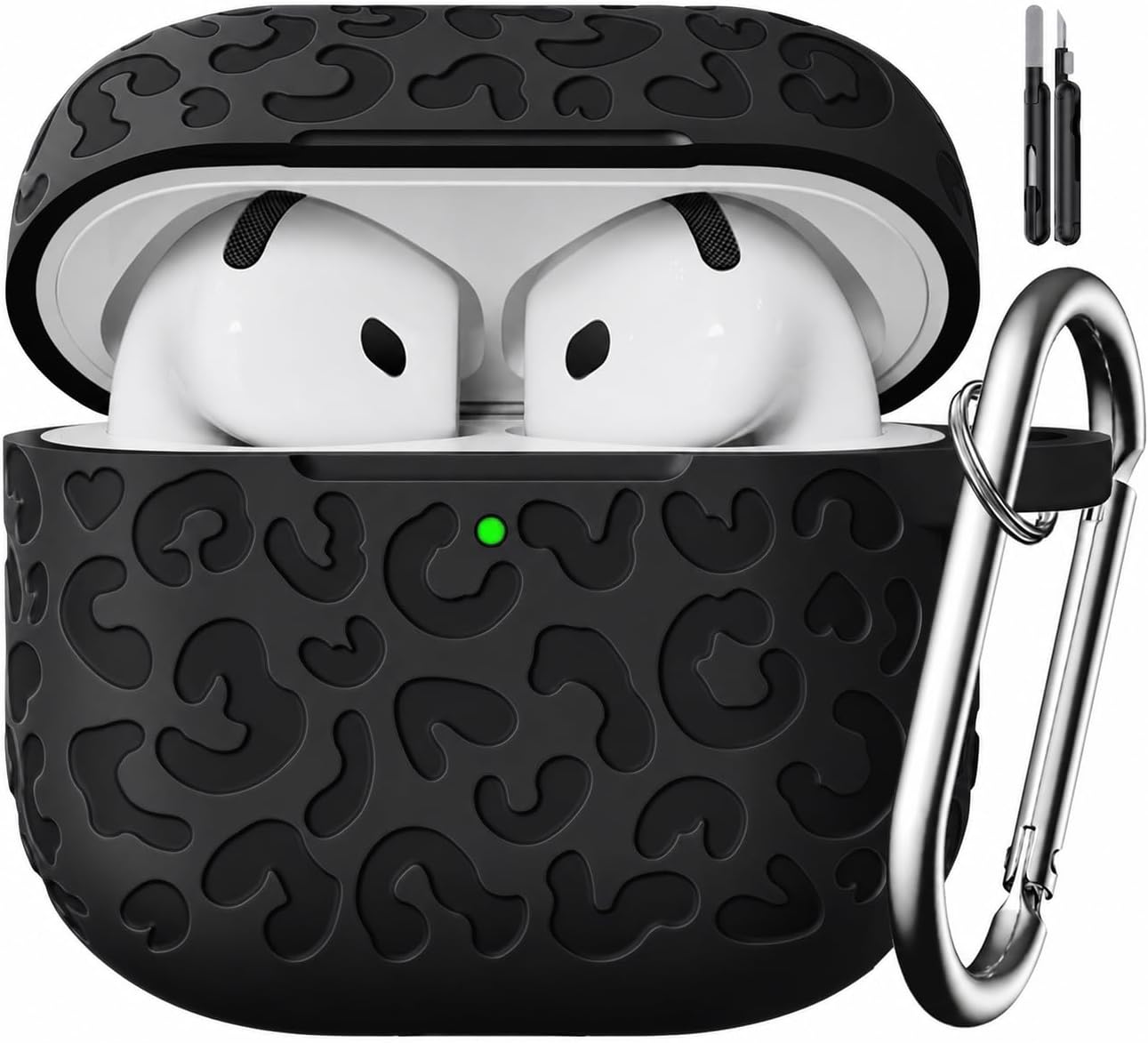 Detalle de MCTOPZO Leopard Carving Silicone Case for AirPods 4 (2024) USB‑C with Keychain & 3‑in‑1 Cleaning Kit (Black)