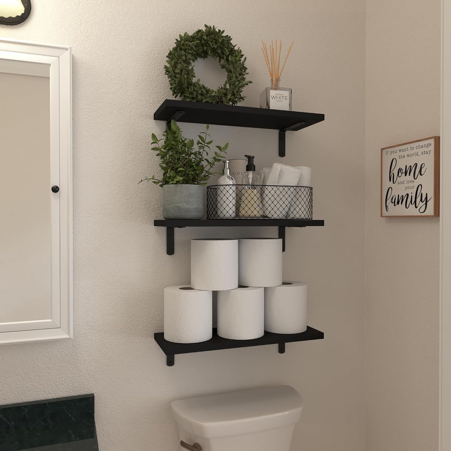 Detalle de WOPITUES Wood Floating Shelves Set of 6 — Black, 16.5 x 6 x 0.6 in, Farmhouse Wall Storage