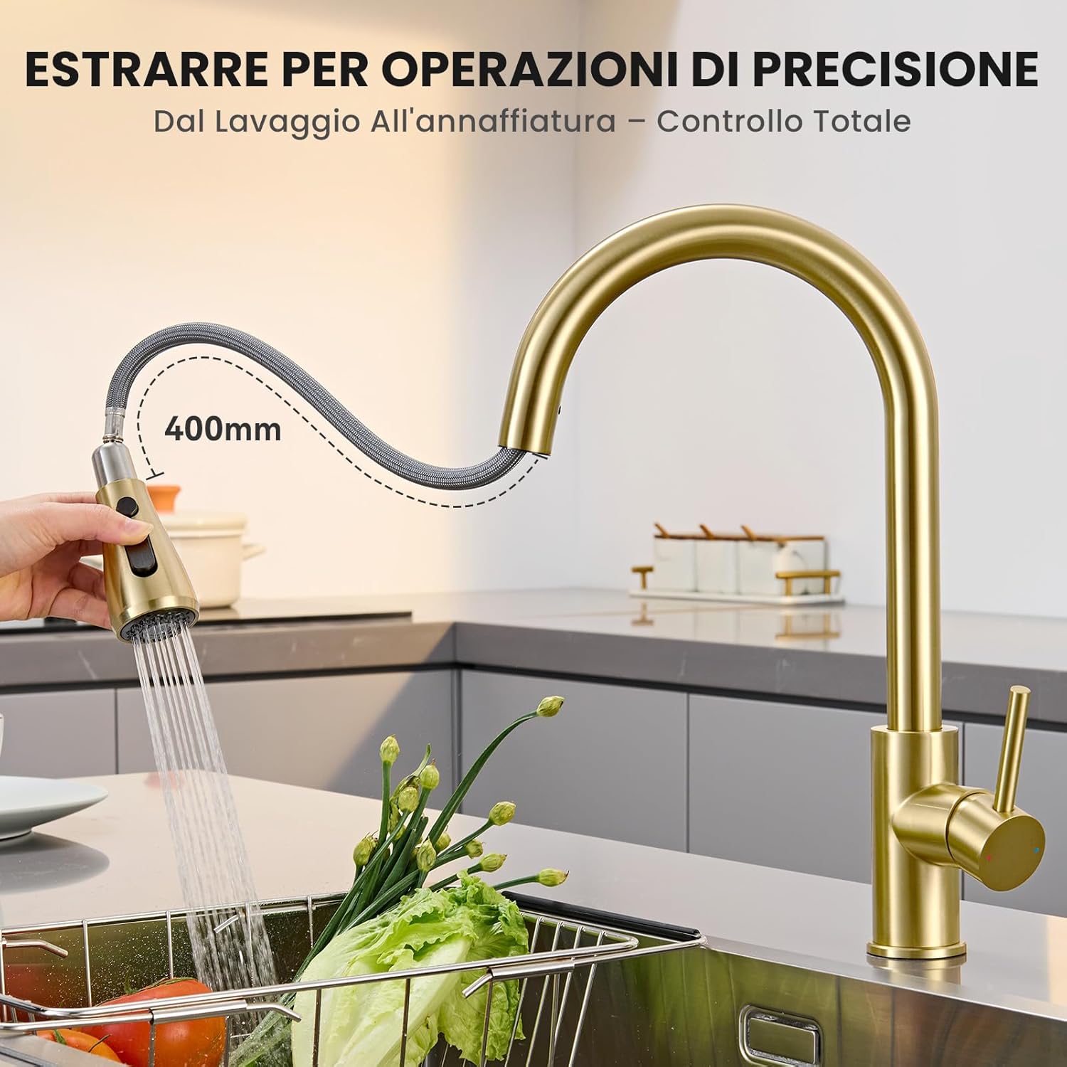 Thumbnail 2 de CECIPA Rubinetto cucina con doccetta estraibile e 2 modalità, finitura oro spazzolato