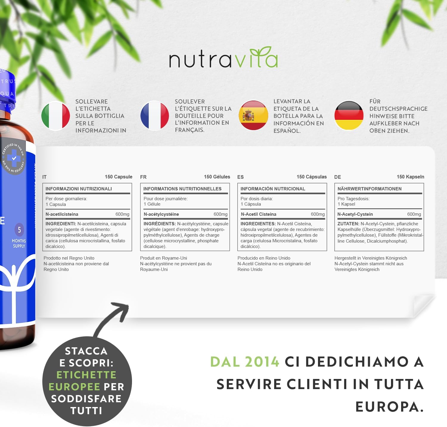 Detalle de NAC N-Acetil-Cisteina 600 mg di Nutravita – Integratore vegan 150 capsule