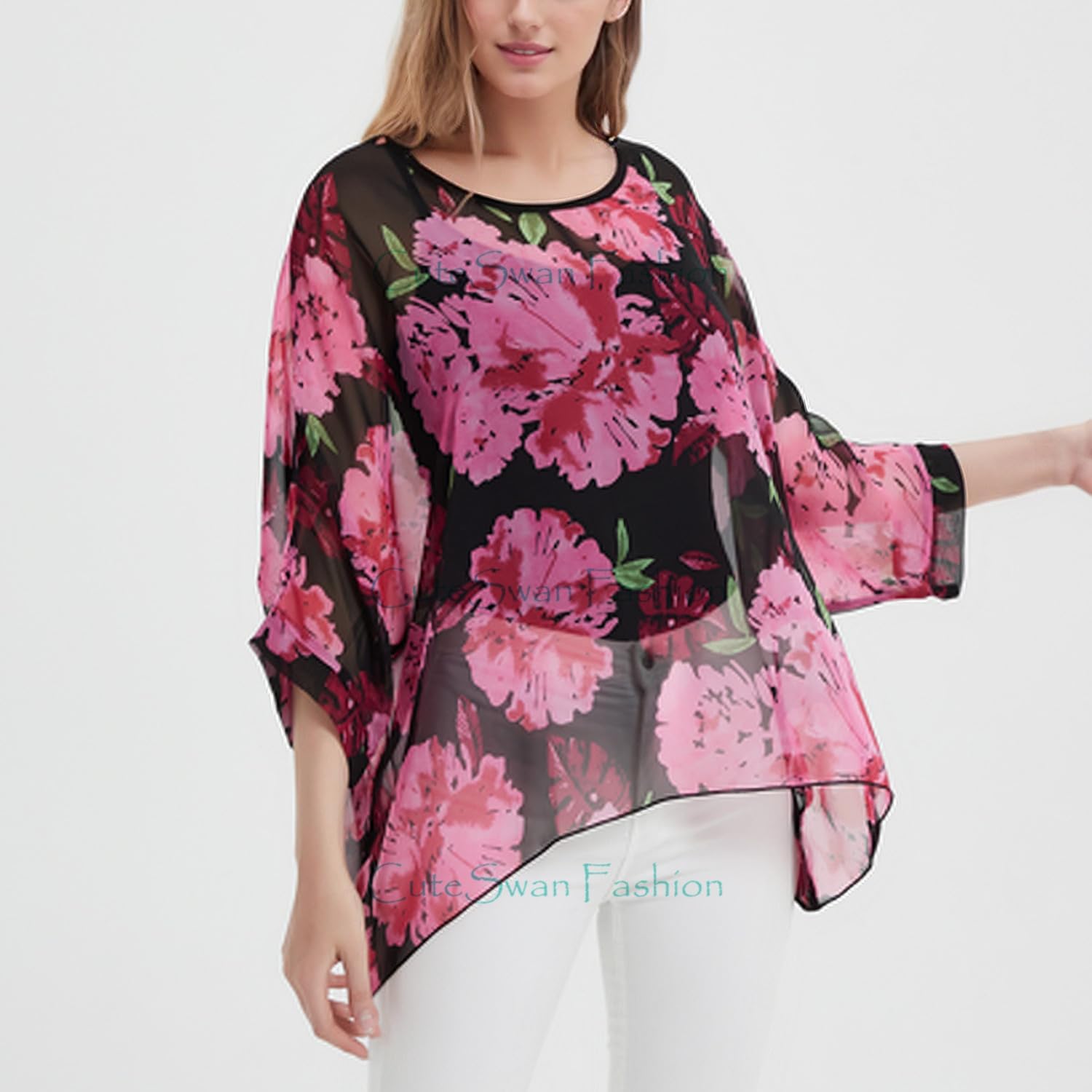 Thumbnail 1 de CuteSwan women’s bohemian print chiffon blouse tunic top (loose V-neck, batwing sleeves)