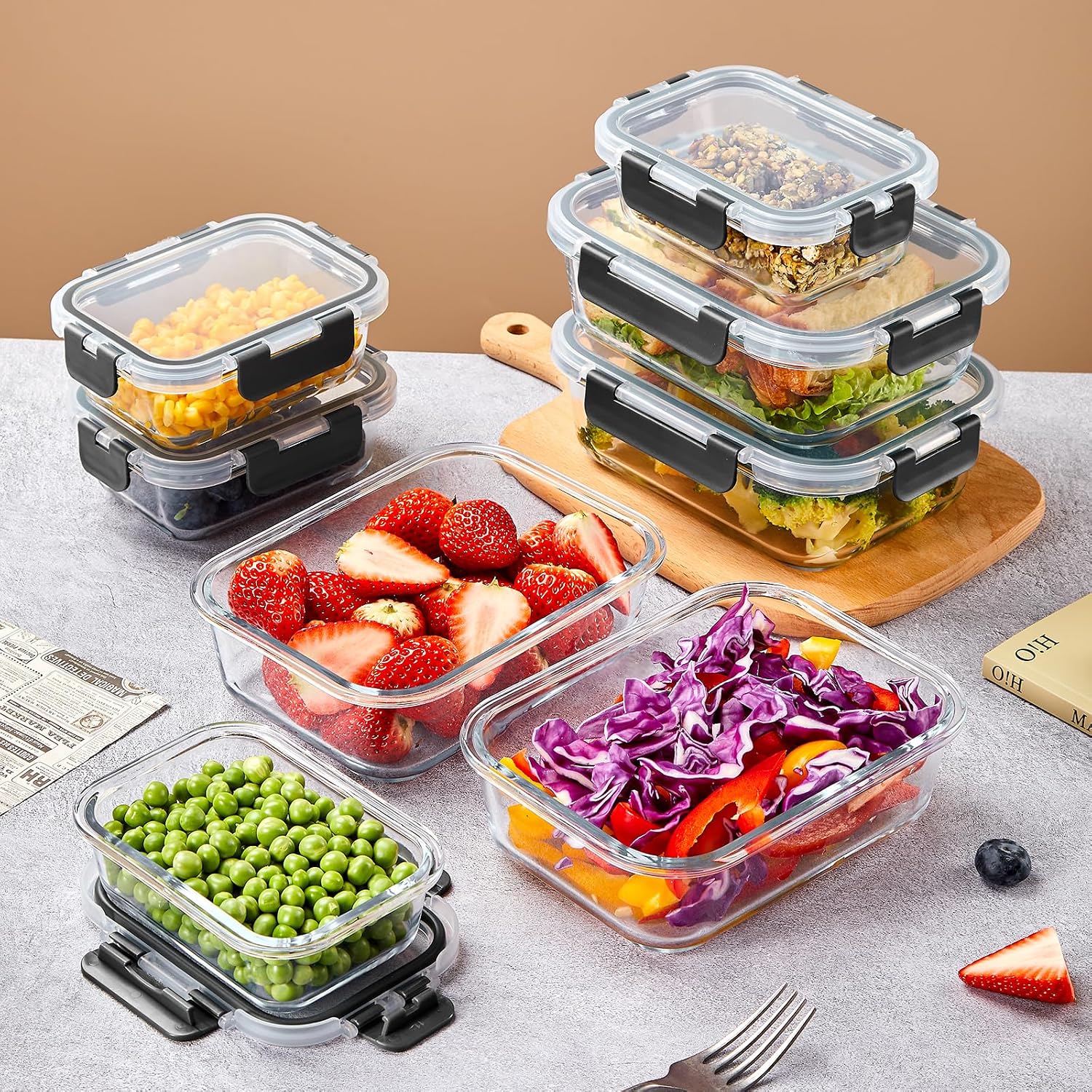 Detalle de Liuruiyu 10 Pack Glass Food Storage Containers with Lids — Airtight, Oven/Microwave/Freezer/Dishwasher Safe