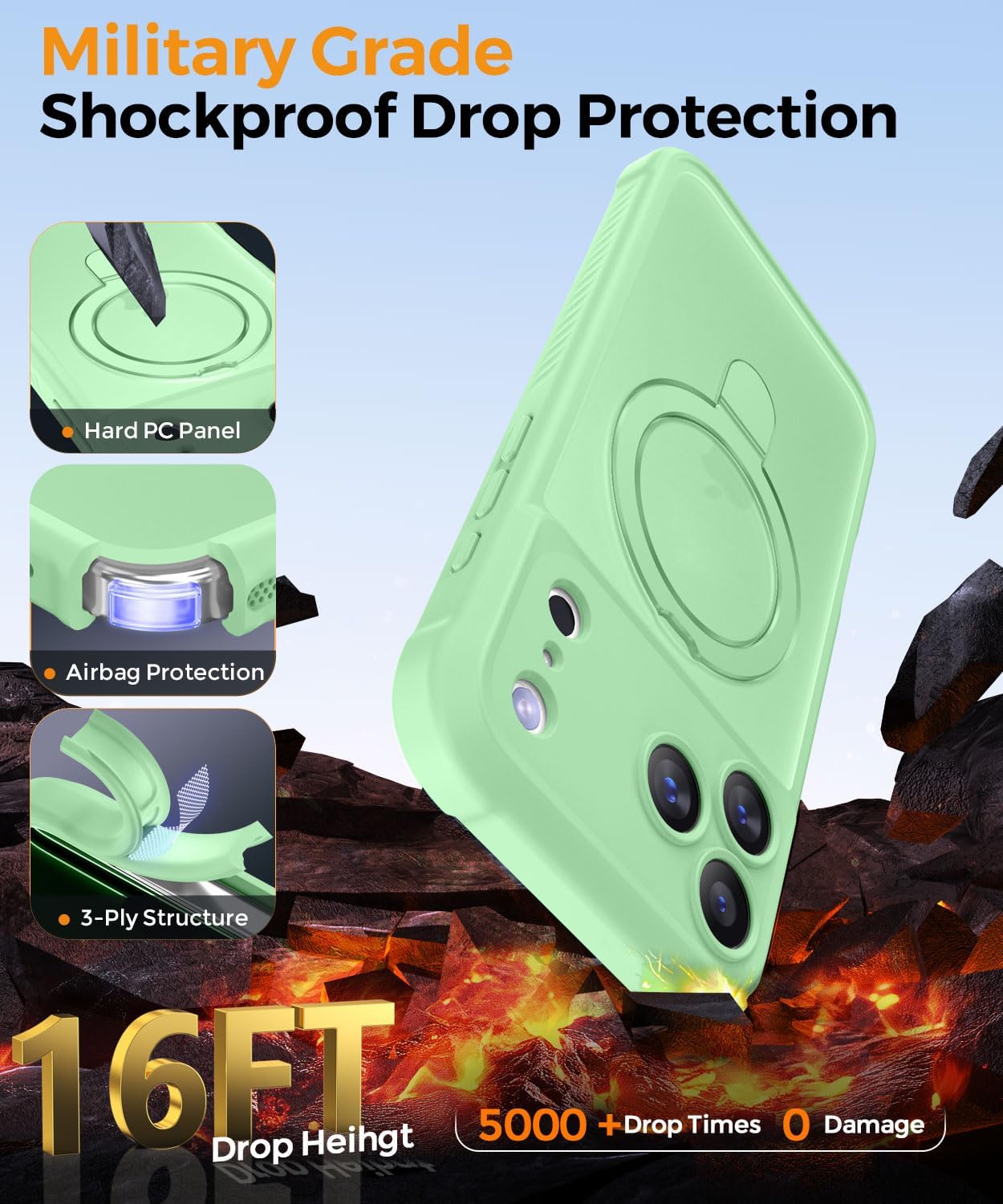 Detalle de MOCCA Design iPhone 17 Pro Case with MagSafe Invisible Magnetic Ring Stand — Military Drop Protection, Full Camera Guard, Translucent Matte Slim (Matcha Green)