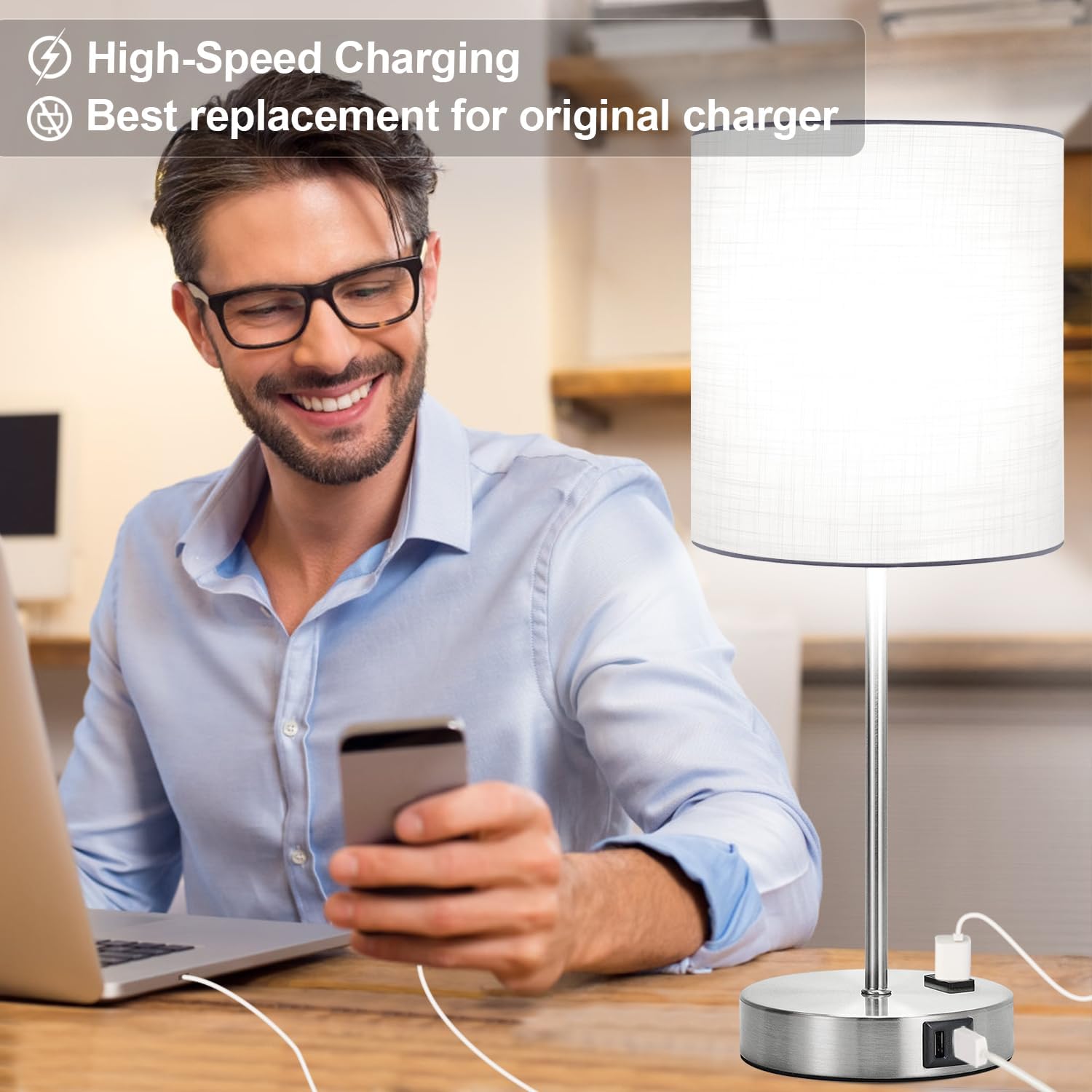 Detalle 1 de Lynnoland T3476 Table Lamps, Set of 2, Touch Dimming, USB Ports & AC Outlet