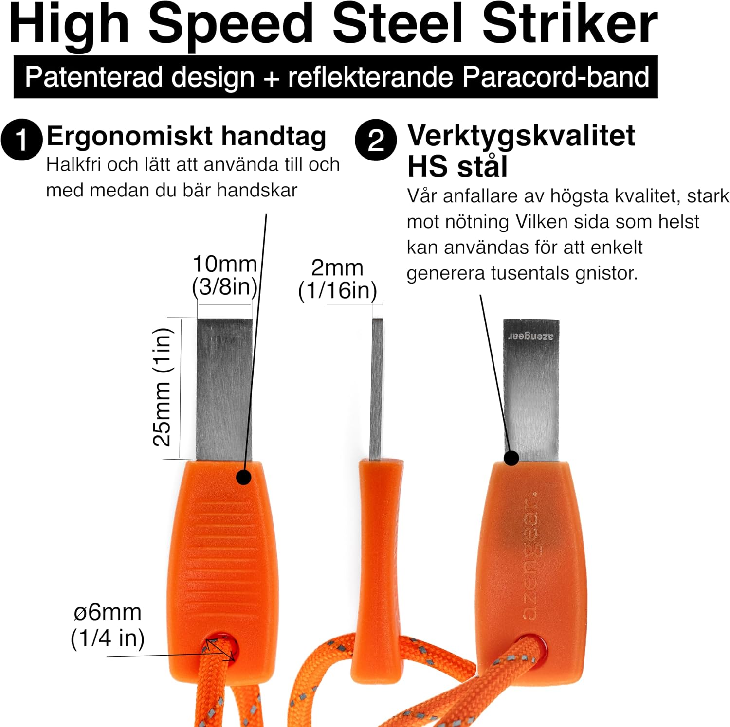 Detalle de aZengear eldstål 100 × 10 mm med HSS-skrapa och paracord
