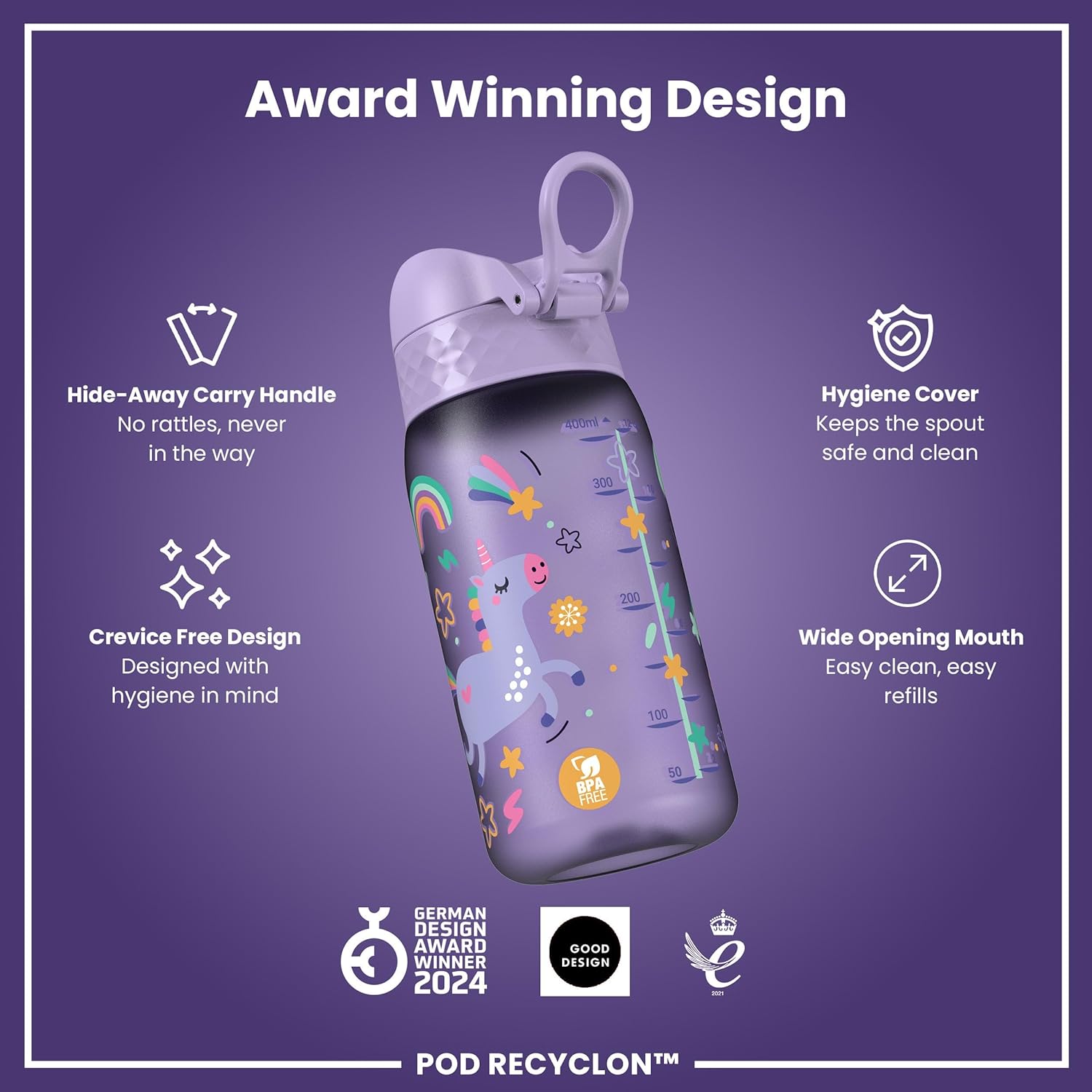 Detalle de Ion8 Small Water Bottle – Leak-Proof, Easy Open, Unicorn Design
