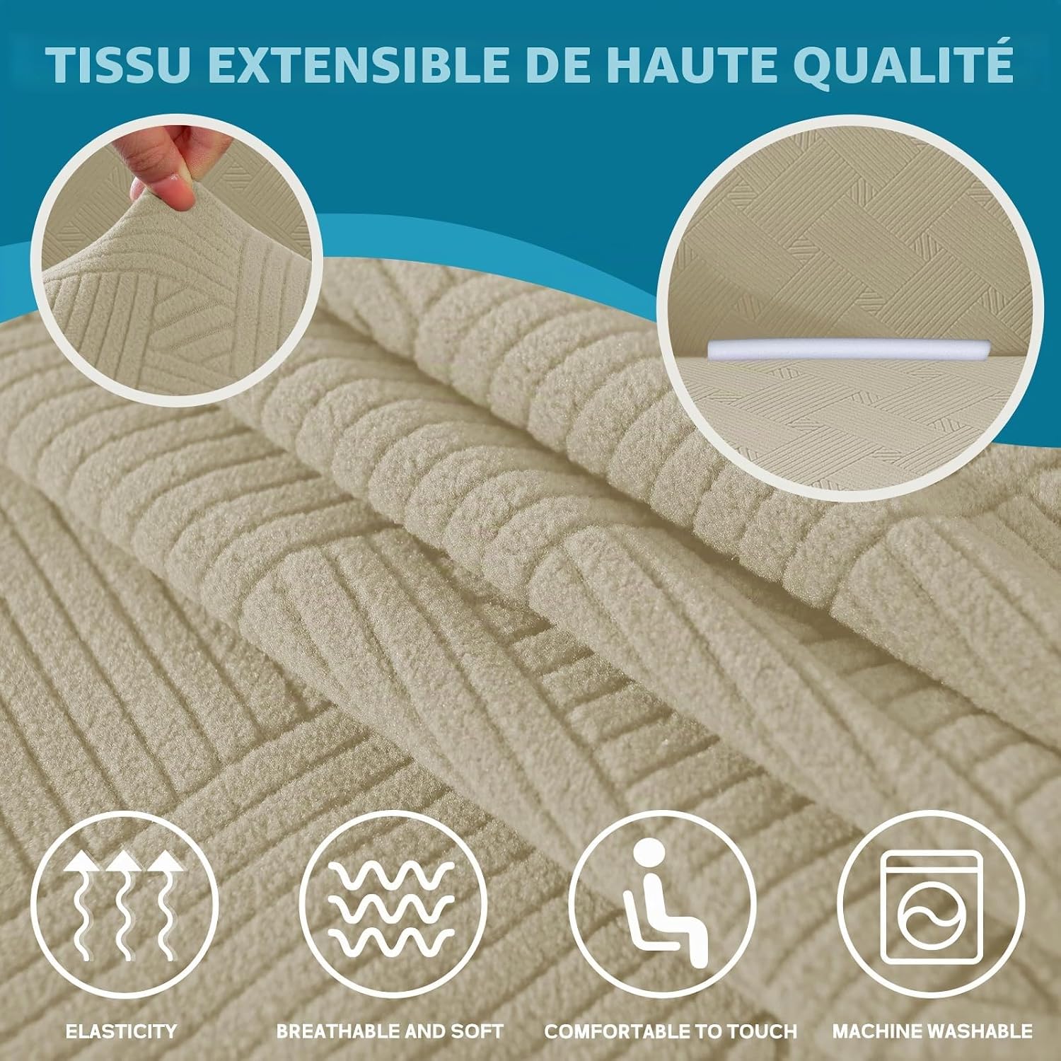 Thumbnail 3 de YSTELLAA Housse de Canapé 4 Places avec Accoudoirs – Extensible, Antidérapante et Universelle – Teck kaki