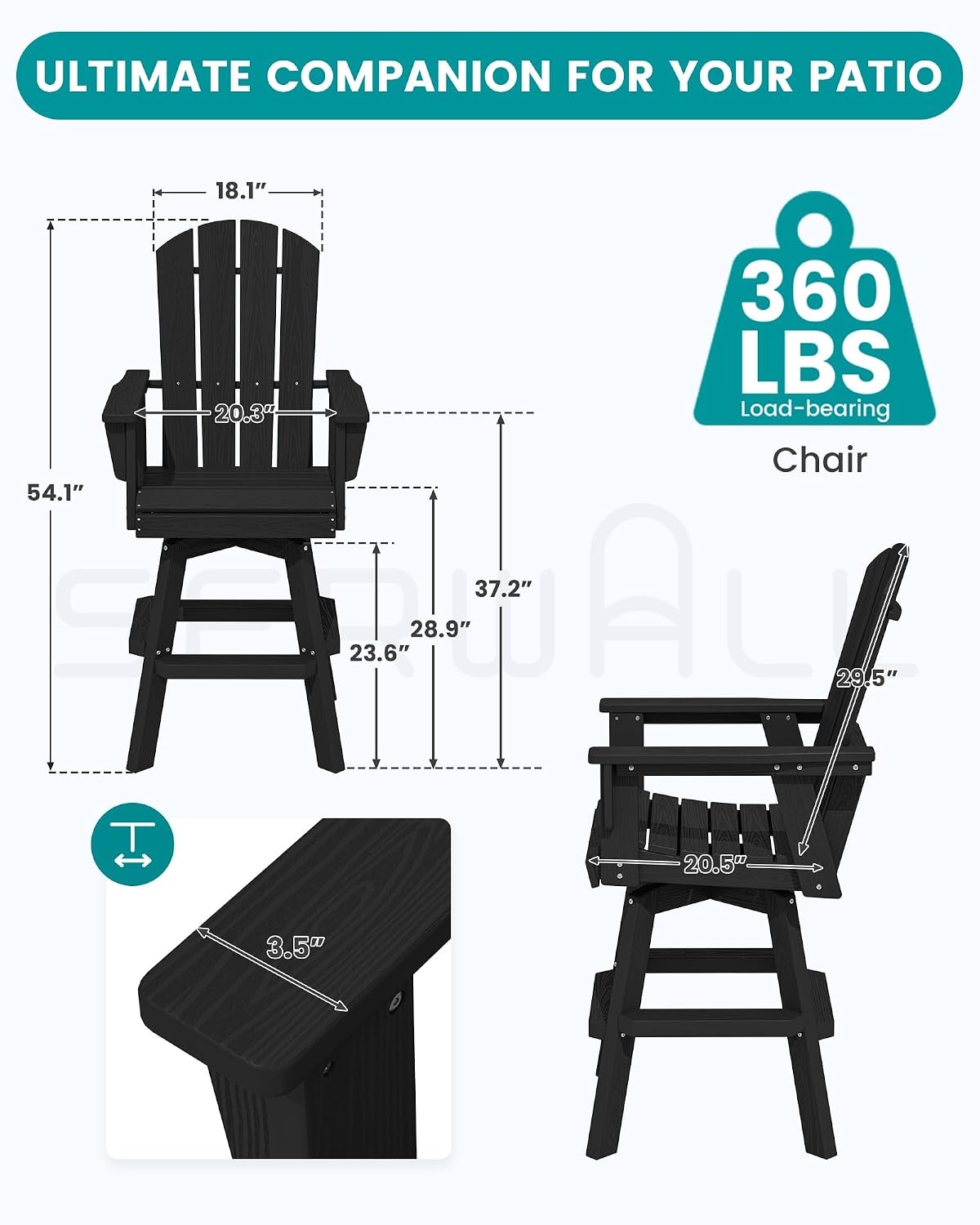 Detalle de SERWALL A041-204 Swivel Adirondack Bar Chairs, Set of 2, Black HDPE