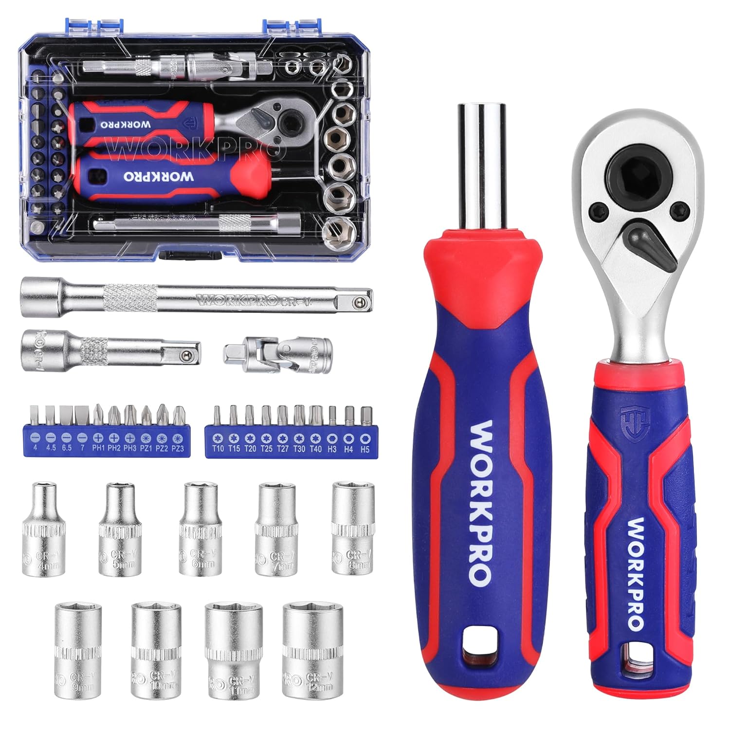 Coffret WORKPRO de douilles et embouts 34 pièces 1/4" double tête, rallonges et joint universel