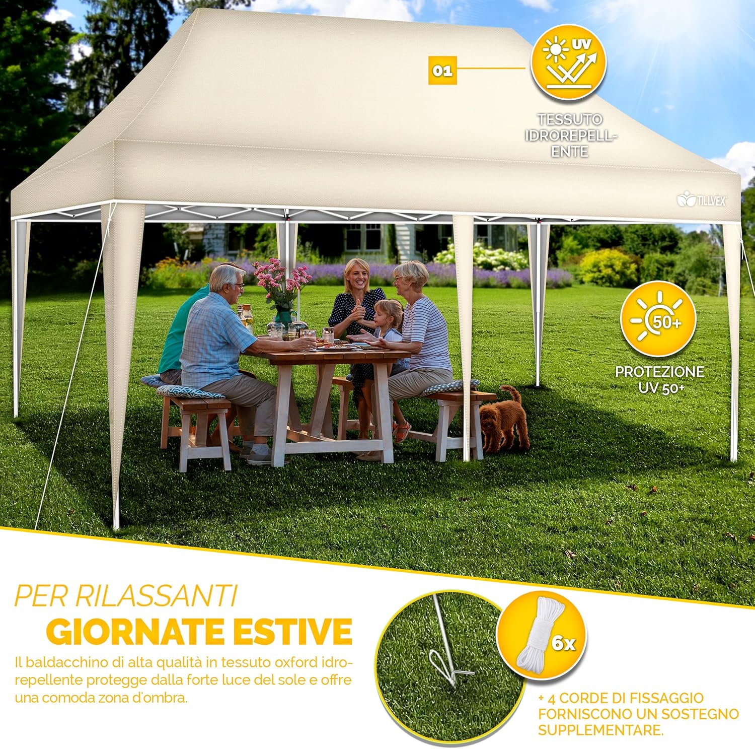 Thumbnail 2 de Tillvex gazebo da giardino 3x6 m pieghevole regolabile in altezza con tenda pop up impermeabile UV 50+ (beige)