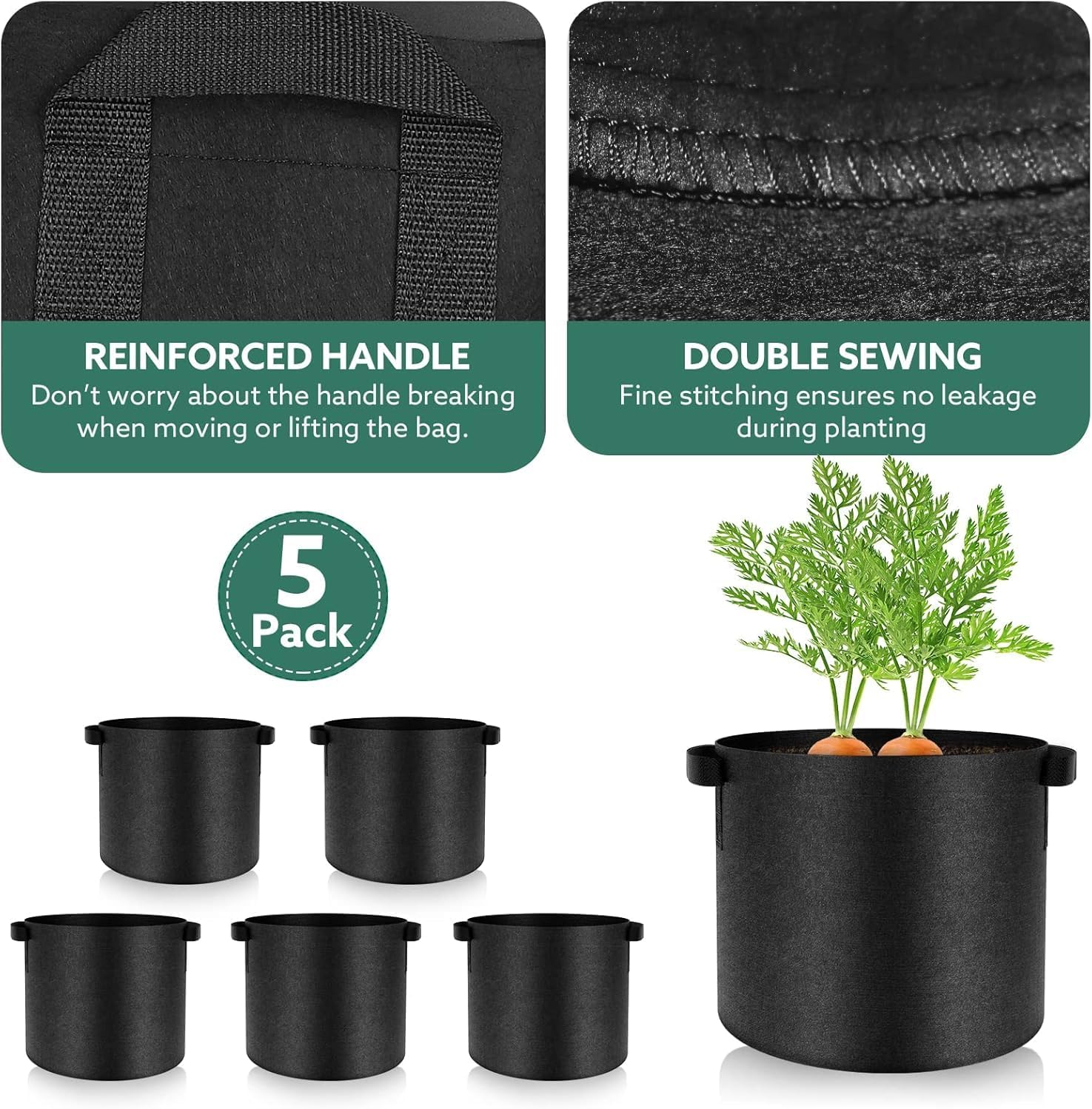 Thumbnail 3 de Joyzakzak Pflanzsäcke-Set (5 Stück) aus Vliesstoff für Tomaten & Kübelpflanzen – Volumen 20/12/15/30/40/60 l