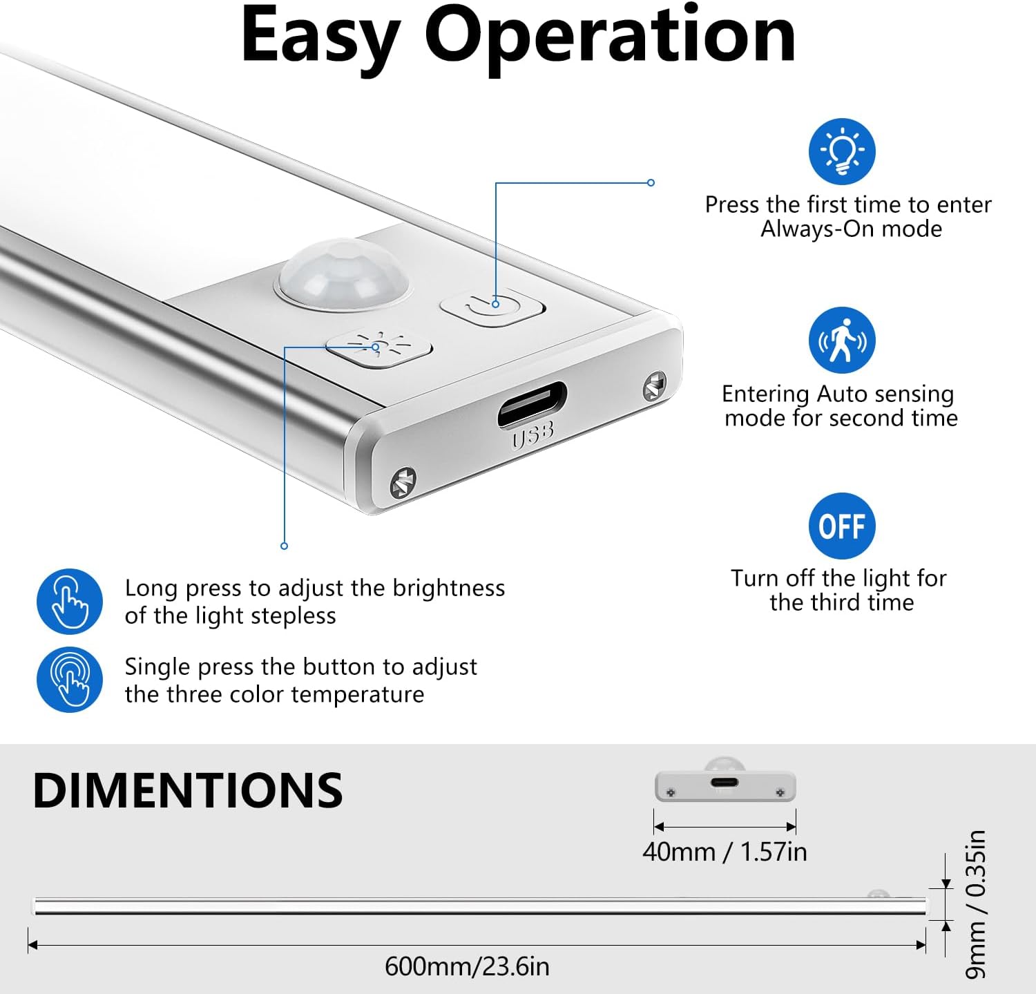 Detalle de OUILA Luce per Armadio LED con sensore, USB-C ricaricabile e 3 temperature colore dimmerabili