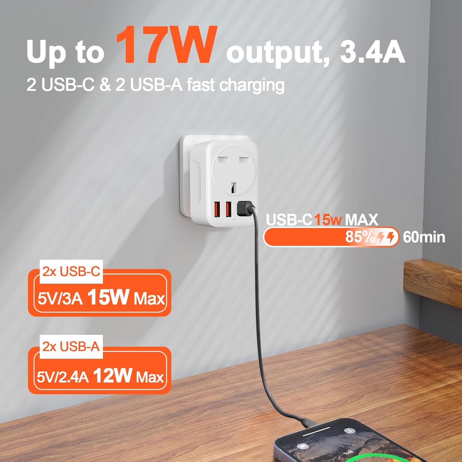 Thumbnail 2 de Omivine 5-in-1 UK to South Africa Type M travel plug adapter with USB-C and USB-A