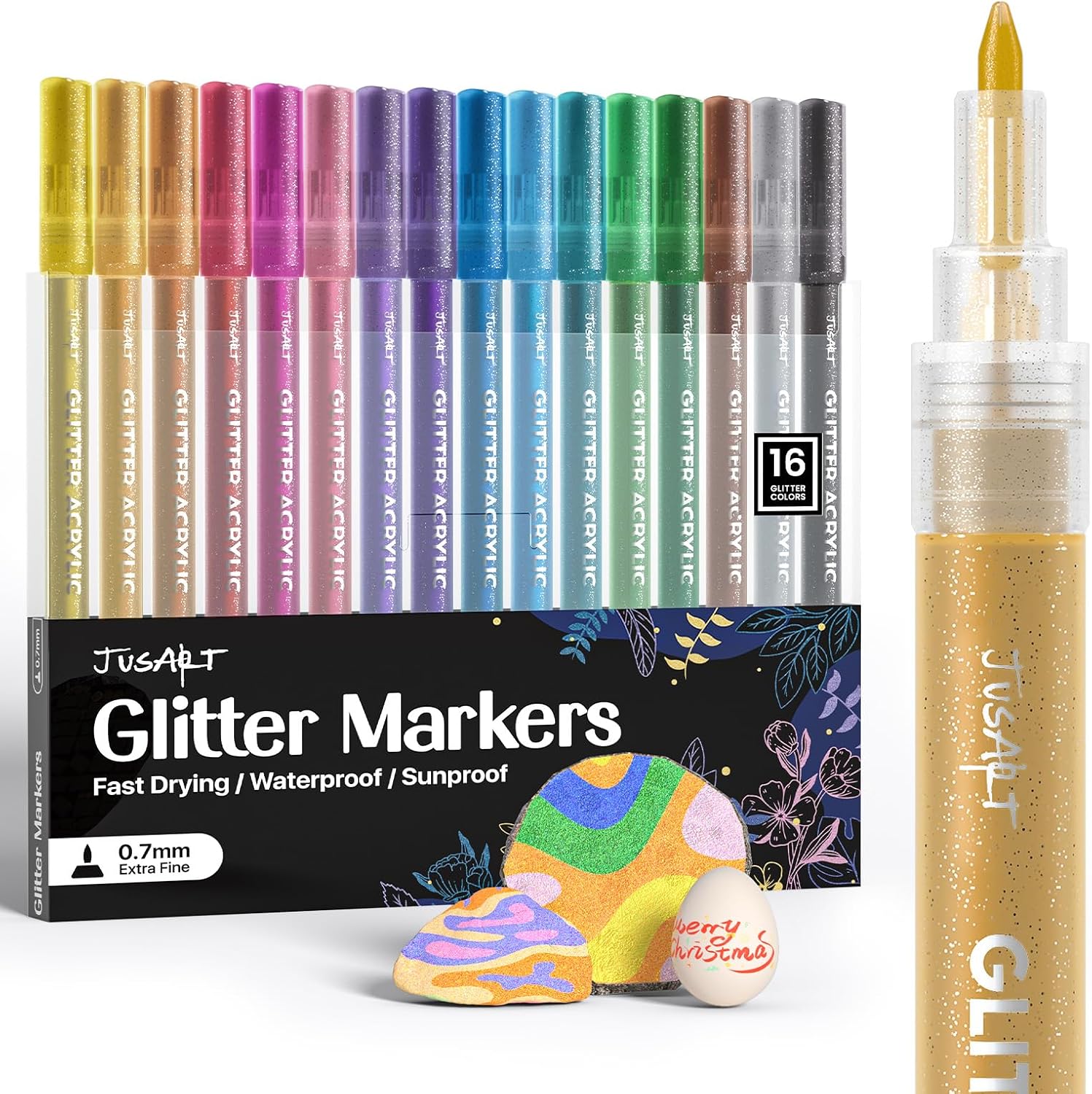 Detalle de JusArt 16-Colour Acrylic Glitter Markers (0.7mm Fine Tip) – Metallic Shimmer Pens for DIY, Cards & Scrapbooking