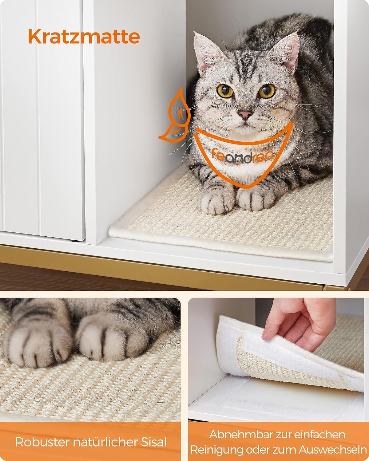 Detalle de Feandrea Katzenklo-Schrank PCL007W01 mit Kratzmatte – Katzenhaus und Versteck für die Katzentoilette (80 x 50 x 55 cm) in Weiß-Gold