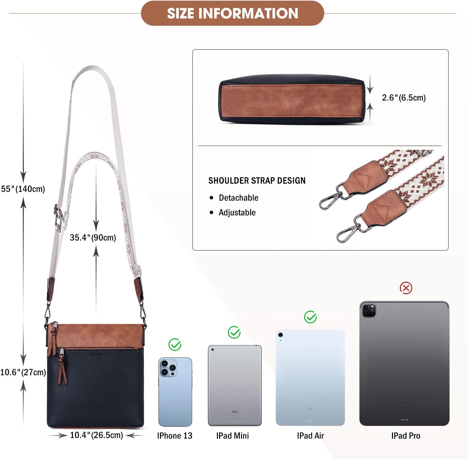 Detalle de Roulens Mittel Damen Umhängetaschen aus veganem Leder – leichte Crossbody Bag mit verstellbarem Gurt