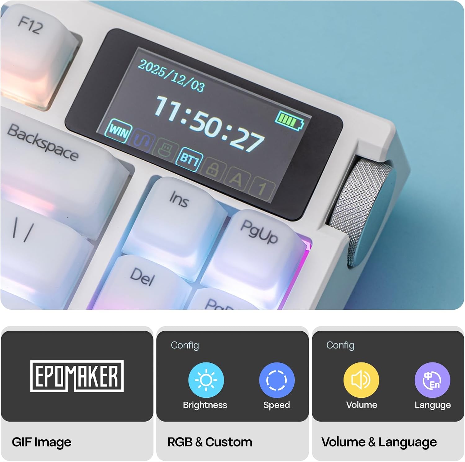Detalle 2 de EPOMAKER G84 PRO Wireless Keyboard with Screen & Knob (Creamy Jade Switch)