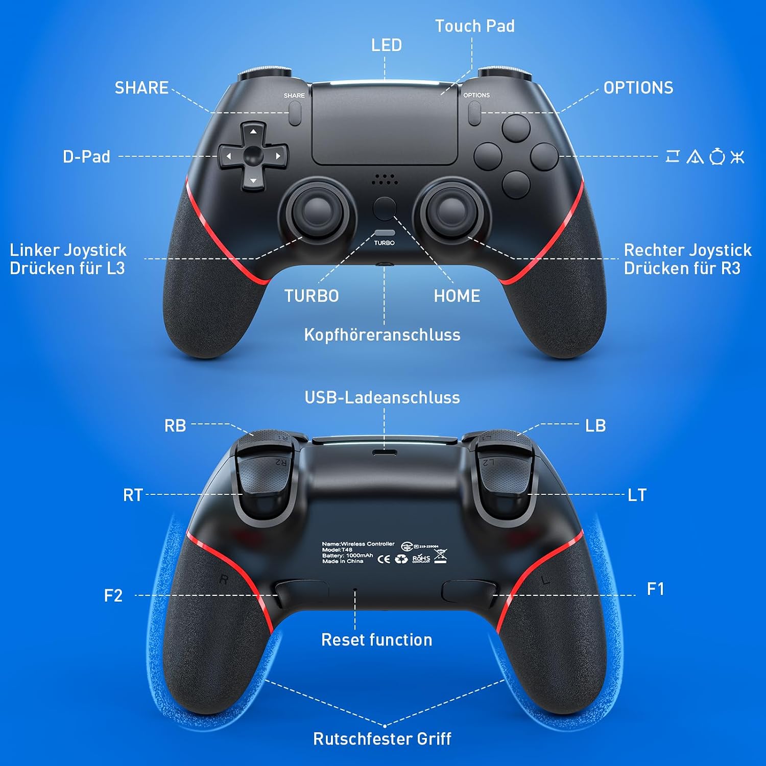Detalle de Sefitopher Wireless Controller für PS4 – Hall-Effekt-Joystick, 1000 mAh, Turbo, programmierbare Tasten