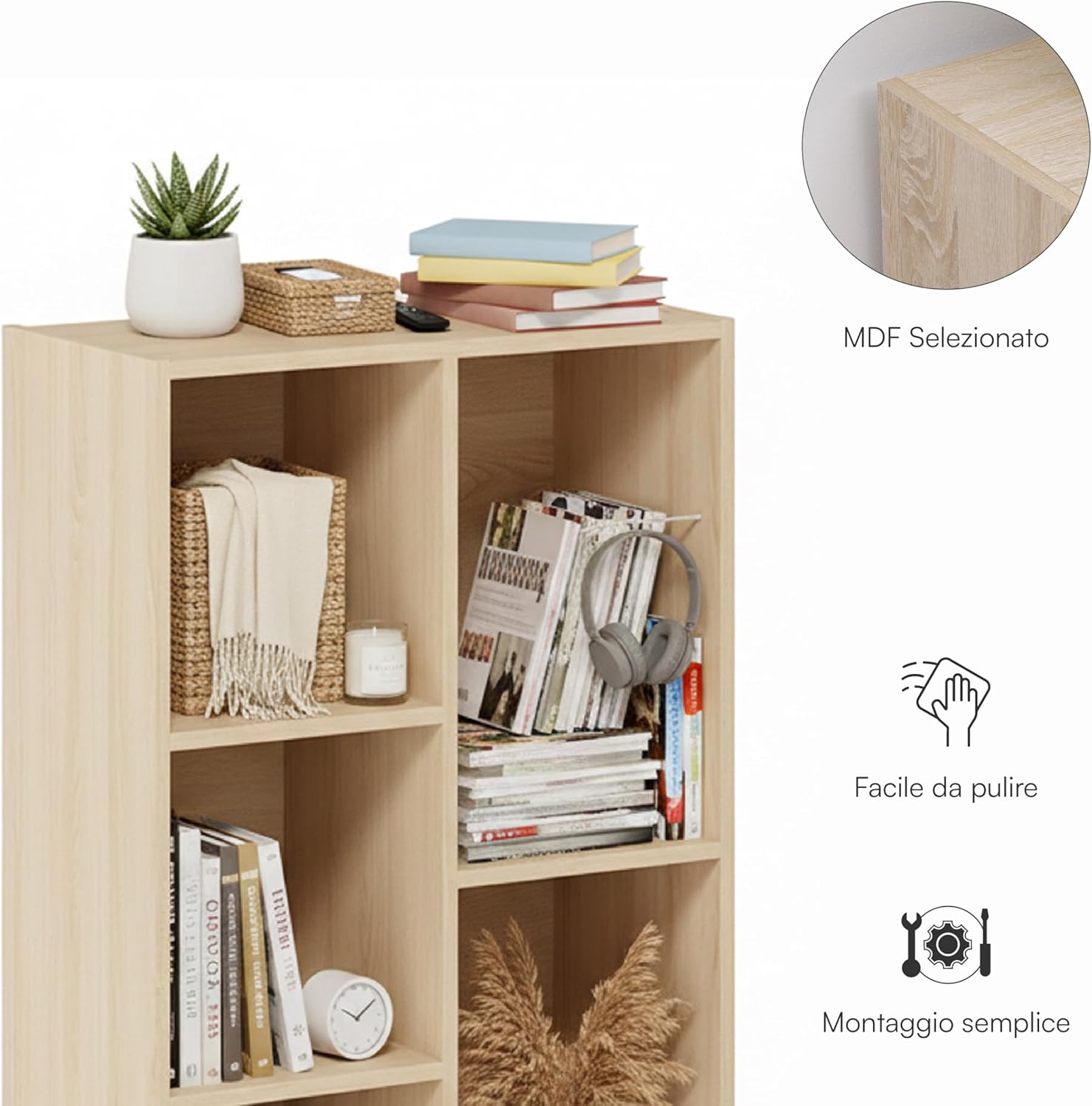 Detalle de Baroni Home Libreria a Cubi Componibile, Scaffale Modularе per Soggiorno, Ingresso e Camera da Letto – Naturale 5 Cubi 24x50x80 cm