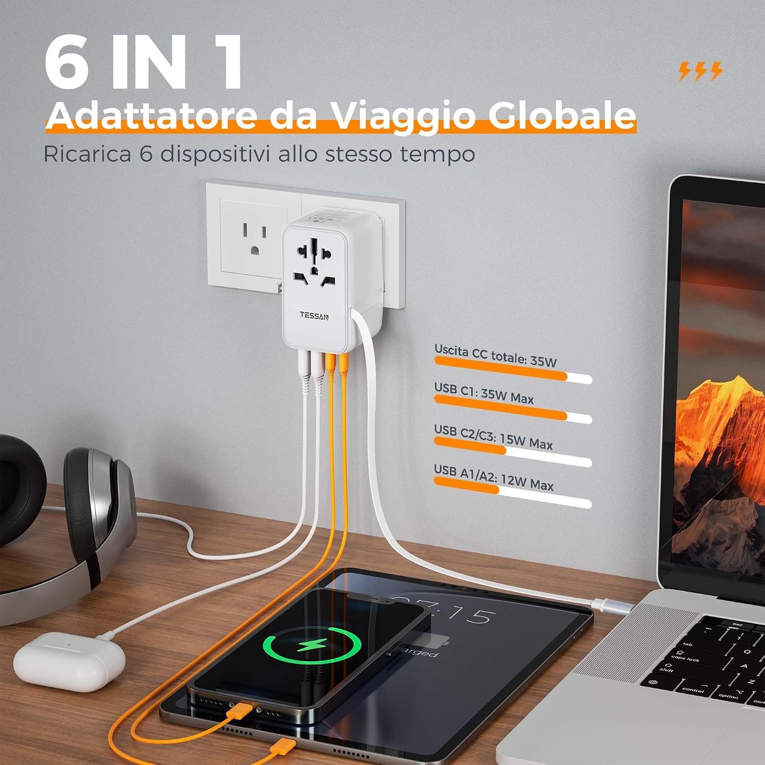 Detalle de Adattatore universale da viaggio TESSAN con cavo USB-C retrattile 35 W: 4 USB + 1 presa CA