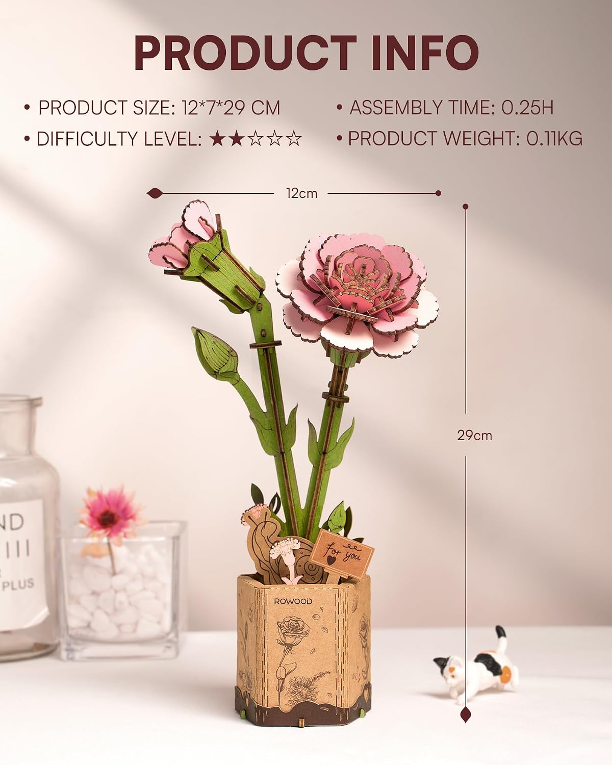 Detalle de rowood 3D Puzzle Rosa Nelke – DIY-Holzblume zum Zusammenbauen für Erwachsene