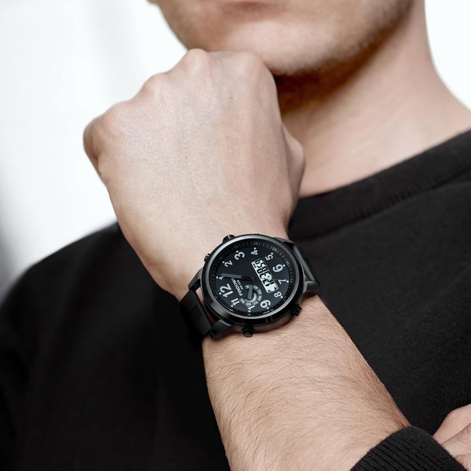 Detalle de PINDOWS Herrenuhren – Multifunktionale Lederarmbanduhr mit Dualzeit, 30 m wasserdicht