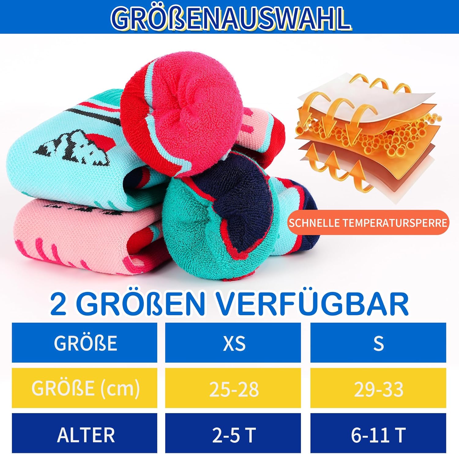 Thumbnail 6 de ELUTONG Kinder Skisocken (2 Paar) für 3–10 Jahre – warme Thermo-Socken mit Sonnenaufgangs- und Schneemannmotiven