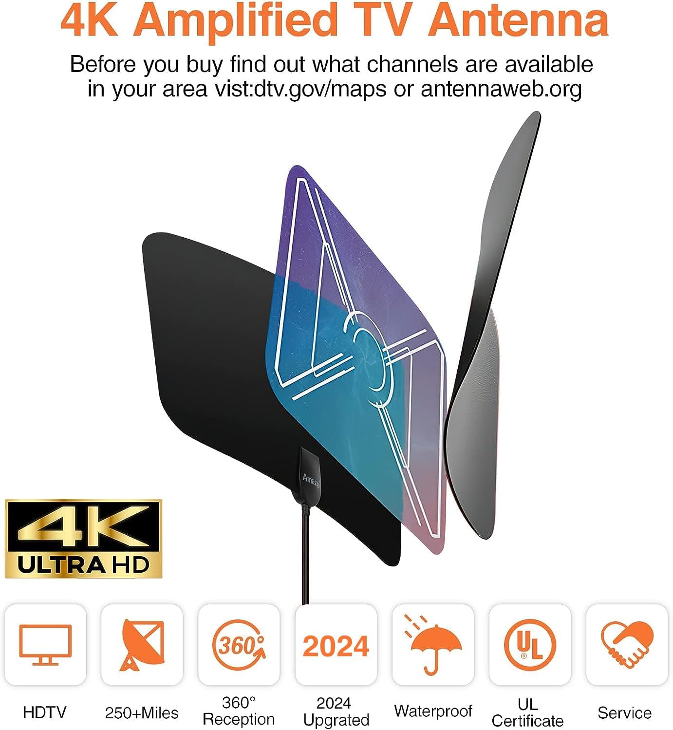 Detalle 2 de Indoor TV Aerial 250+ Miles Long Range (4K, Freeview) with Signal Booster and 5m Cable