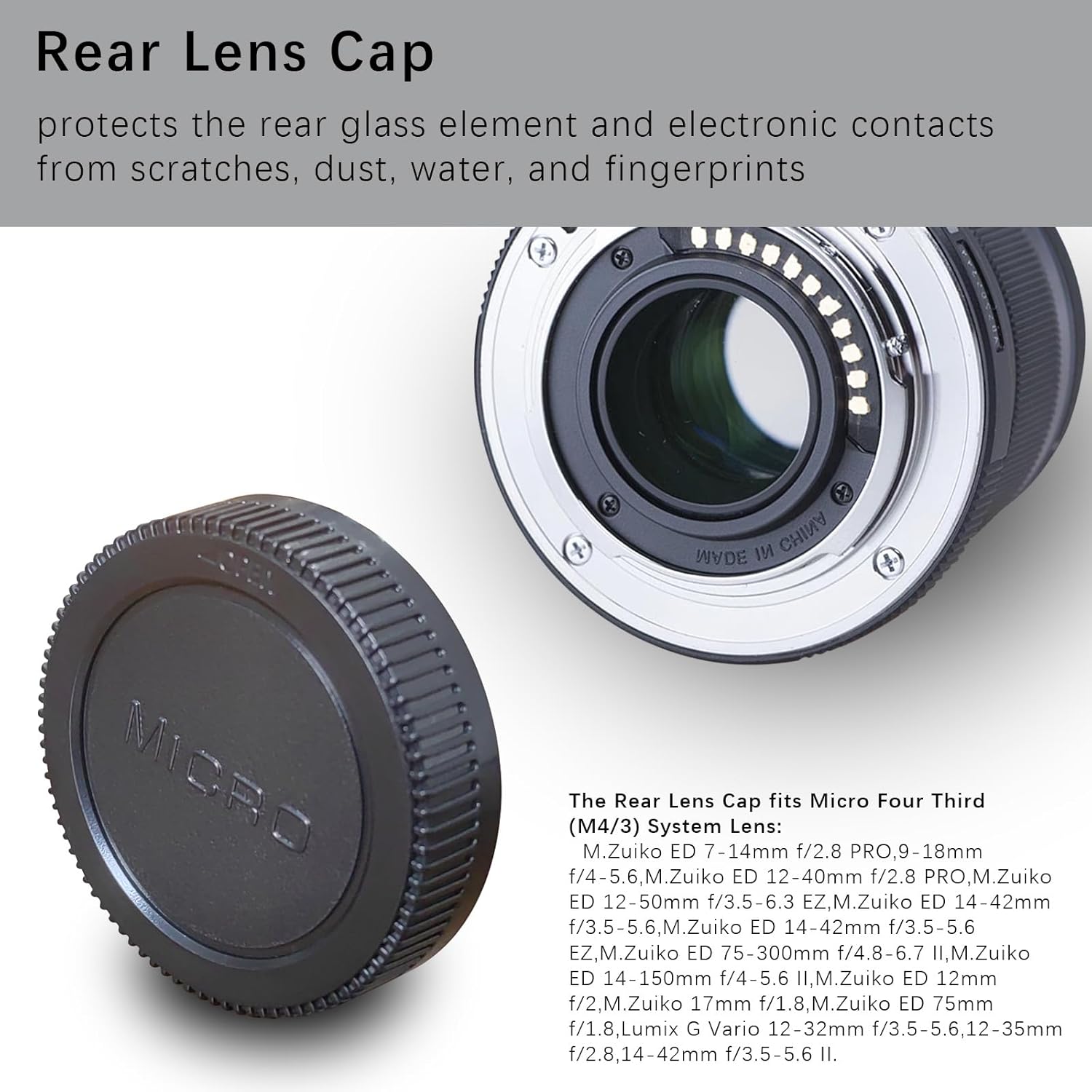 Detalle de Camera Body and Rear Lens Caps for Micro Four Thirds (M4/3): Compatible with E-M5, E-P1, E-P2, E-P3, E-P5, E-PL1 and select M.Zuiko lenses