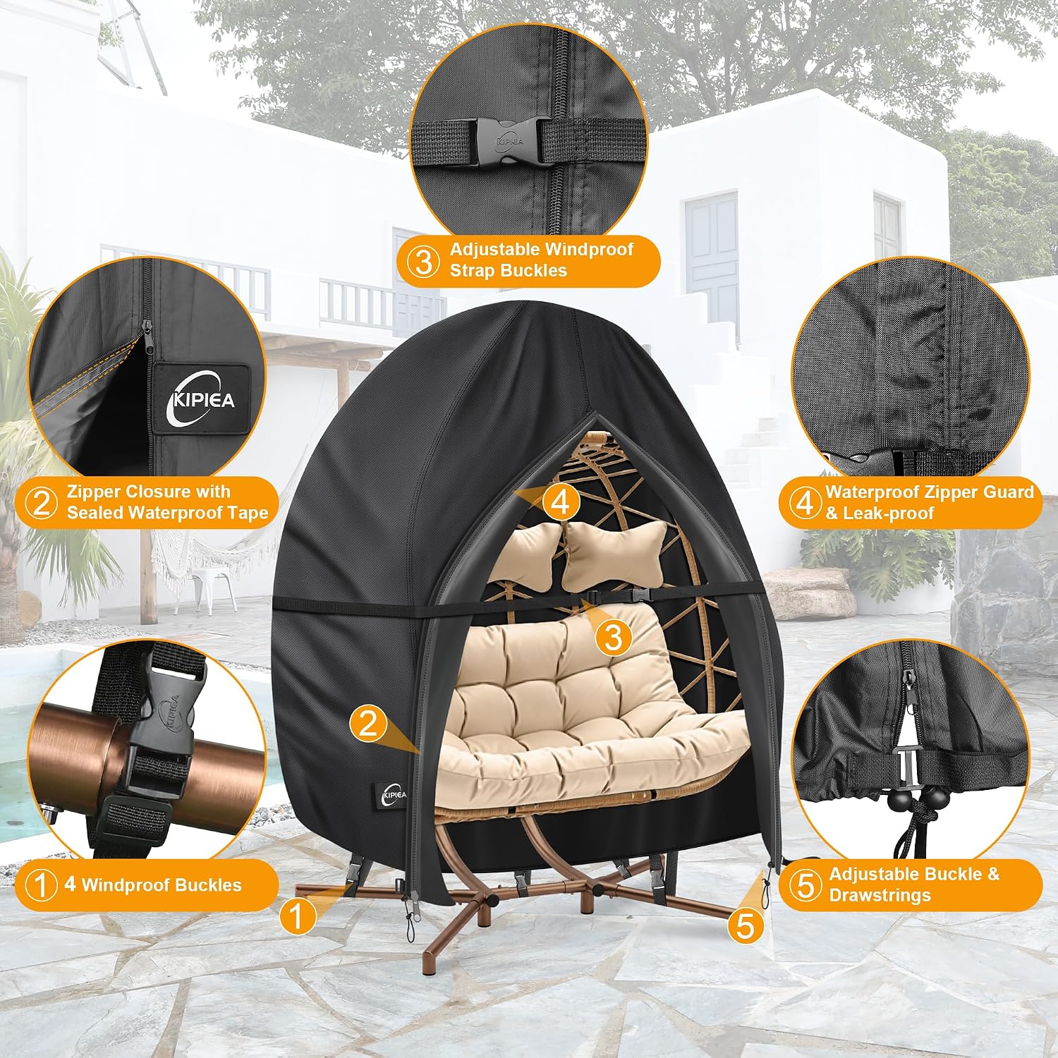 Detalle de Kipiea 500D Double Egg Chair Cover, Waterproof Zipper, Windproof, UV-Resistant