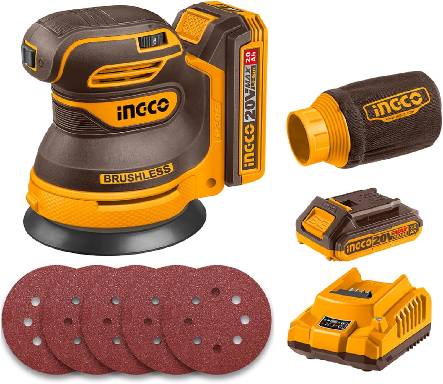 INGCO 20V Cordless Random Orbit Sander 125mm (CROSLI20021) – Brushless, 6 Speeds, 2.0Ah Battery