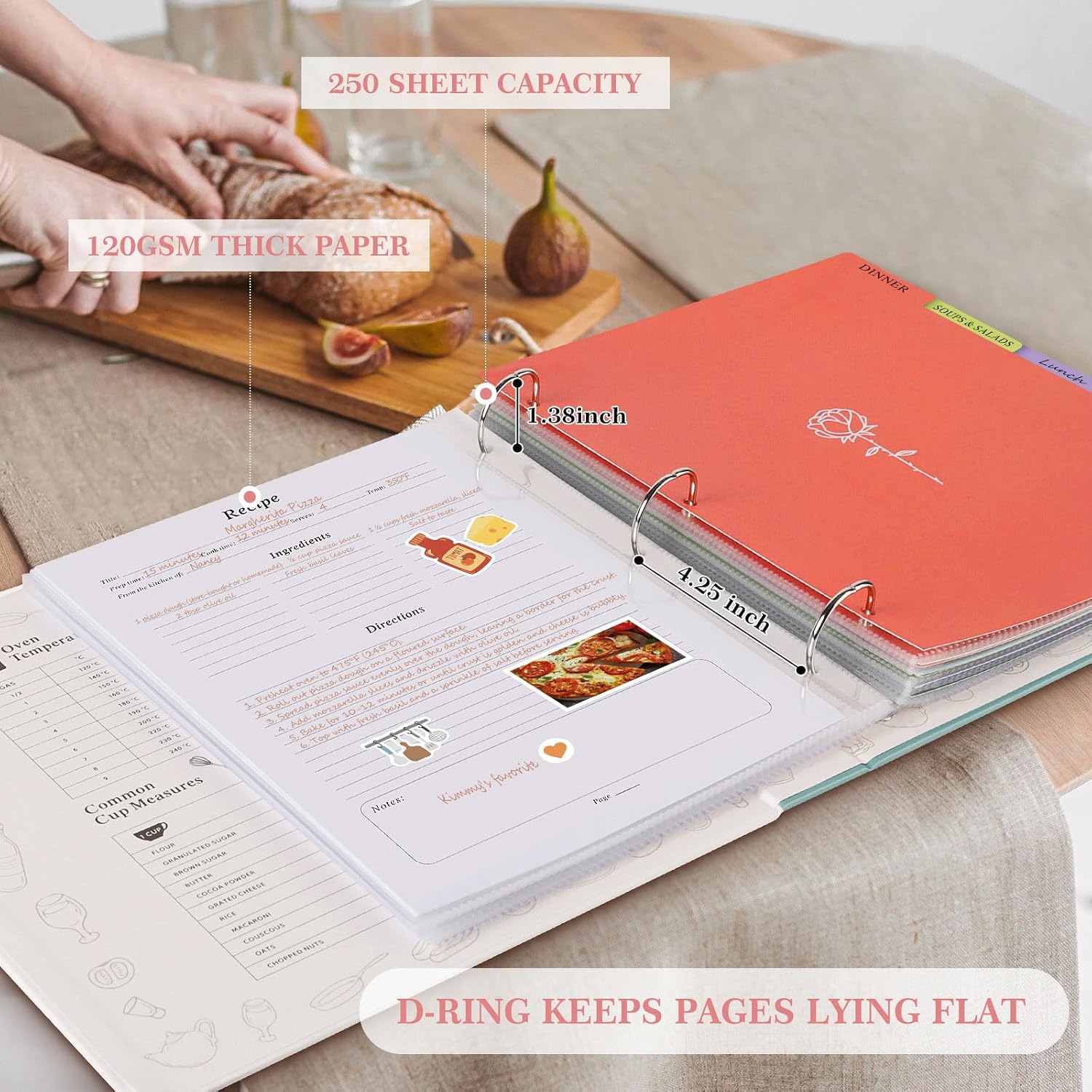 Detalle 1 de Lanpn Recipe Binder, 8.5 x 11, 3-Ring Organizer with 60 Sleeves, Pink