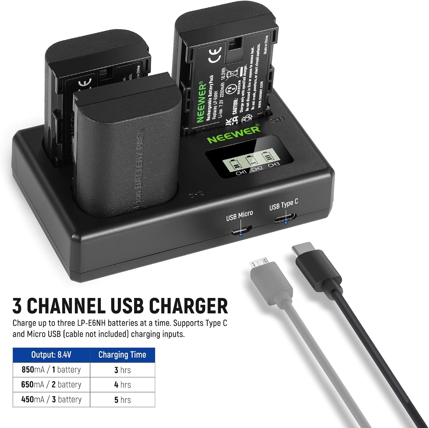 Thumbnail 1 de NEEWER LP-E6NH Replacement Battery Set: 3 x 2250mAh Batteries with Triple Slot USB Charger (plus Cleaning Cloth) for Canon EOS R Series and More