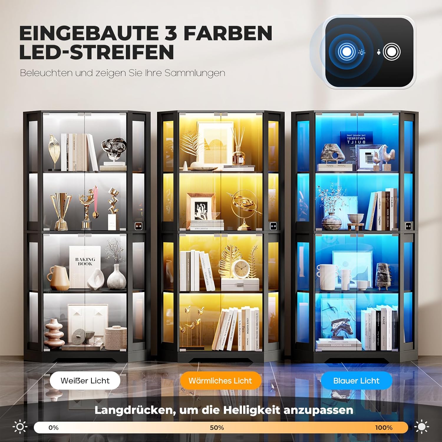 Detalle de BROTTAR Eckvitrine mit Glastüren 165 cm (Eckregal, LED 3 Farben & Sensor) in Schwarz