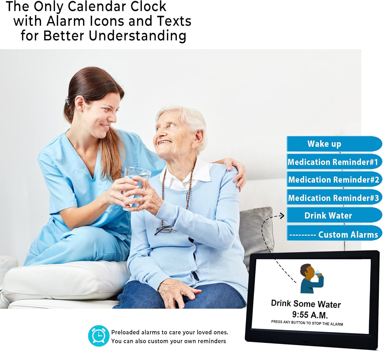 Detalle de Véfaîî 10" Large Digital Clock with DST, Sun/Moon Icons, Reminders and Calendar – Ideal for Seniors