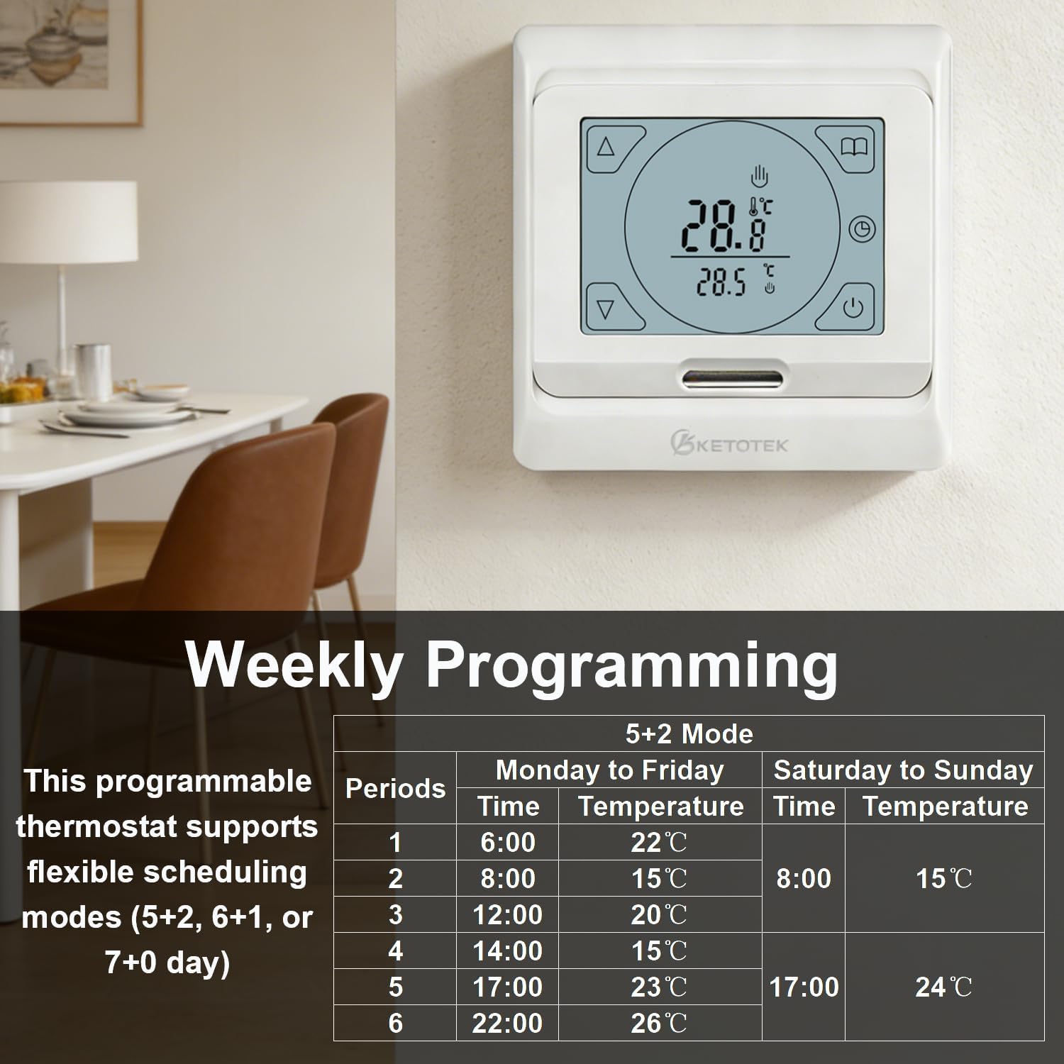 Thumbnail 2 de KETOTEK Programmable Electric Underfloor Heating Thermostat (16A) with External Sensor Probe
