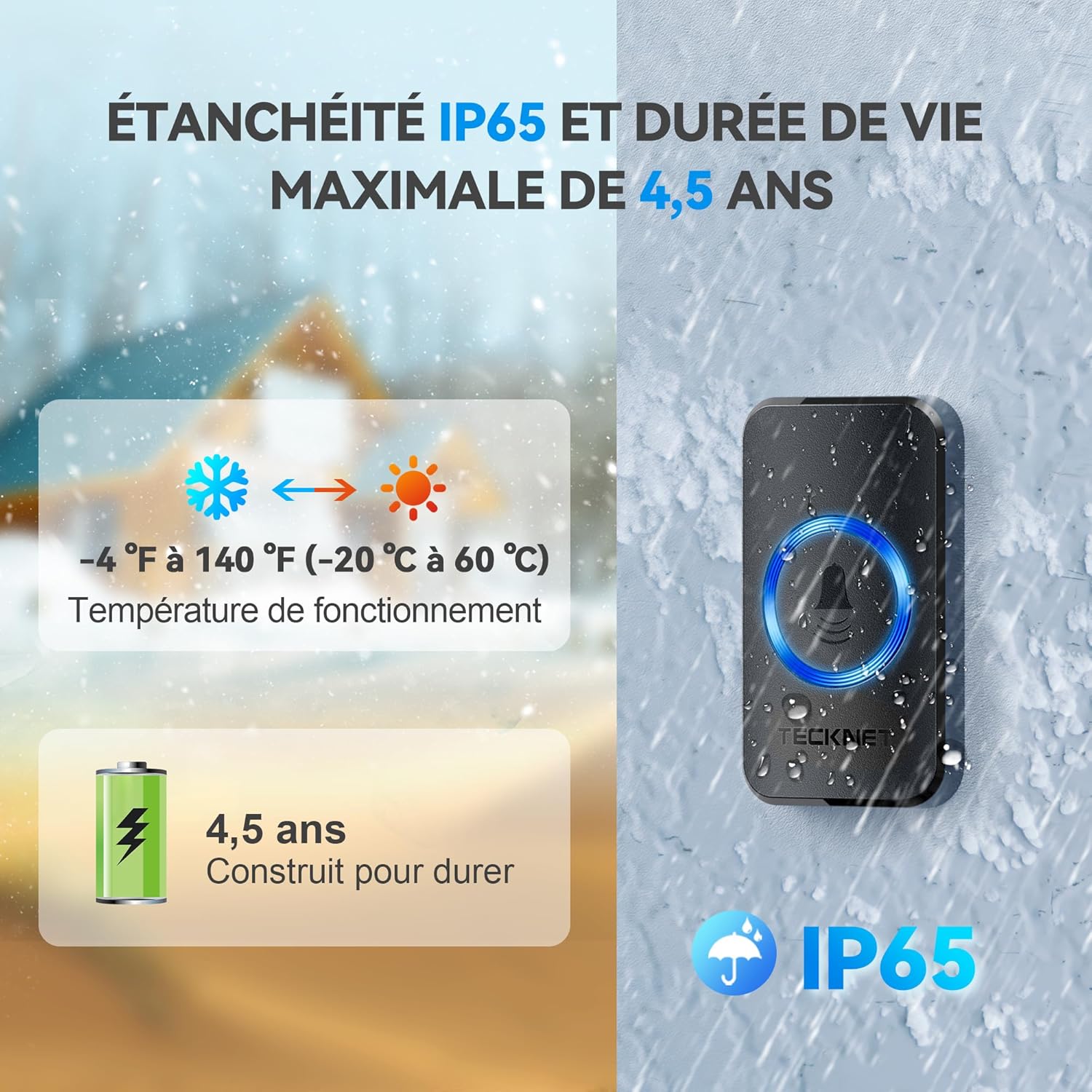 Detalle de TECKNET Sonnette sans fil extérieure étanche IP65, 400 m : 1 transmetteur + 1 récepteur, 60 mélodies