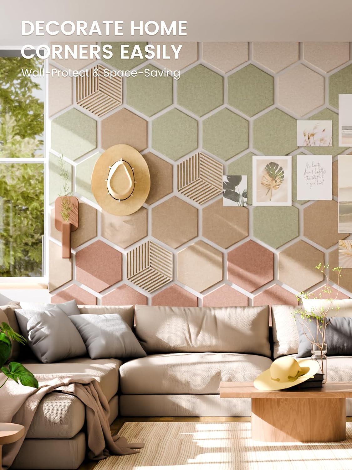 Detalle de Fluxynara 10-Pack Hexagon Felt Bulletin Board Tiles, Boho with Adhesive Tabs