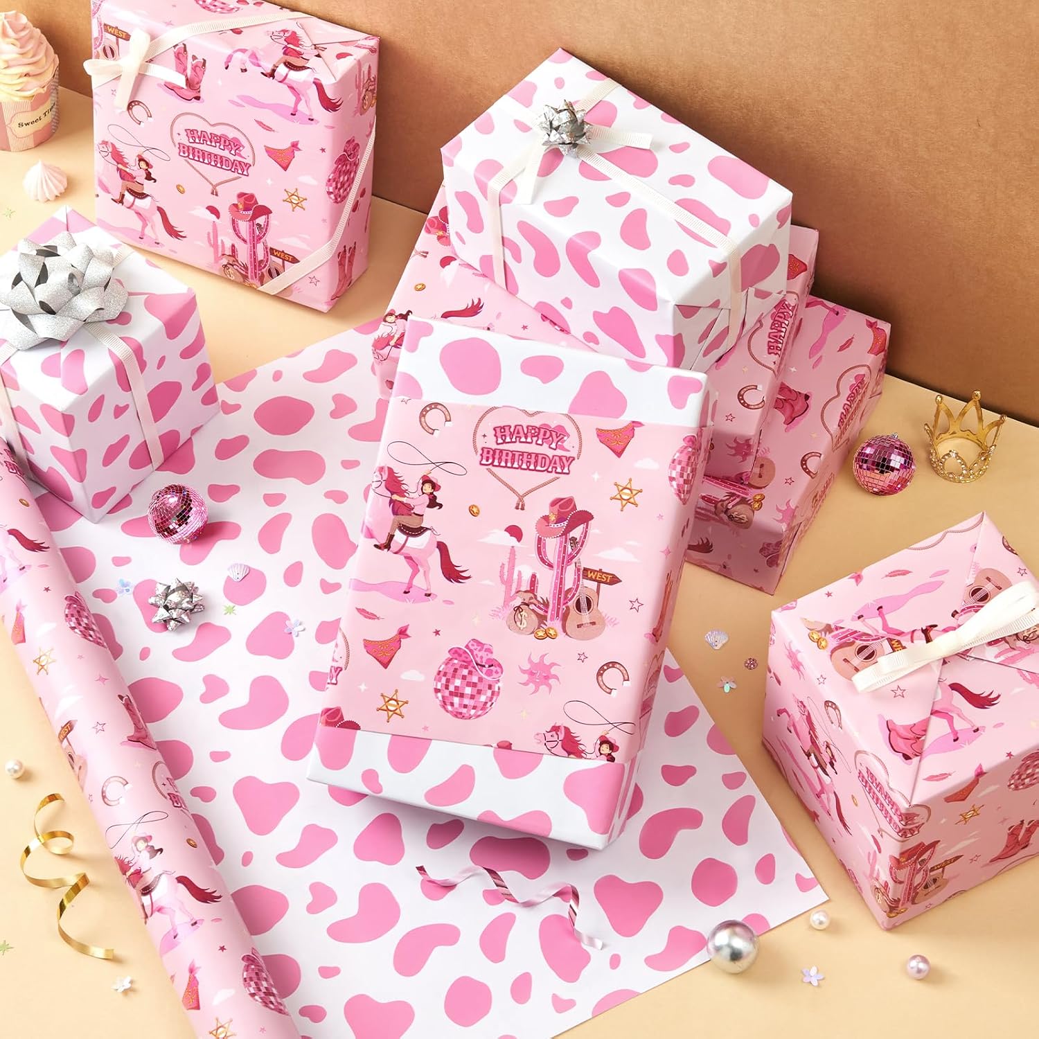 Detalle de WERNNSAI Western Geschenkpapier – 1 Rolle Rosa (43 cm x 5 m) mit Cowgirl- und Kuh-Muster