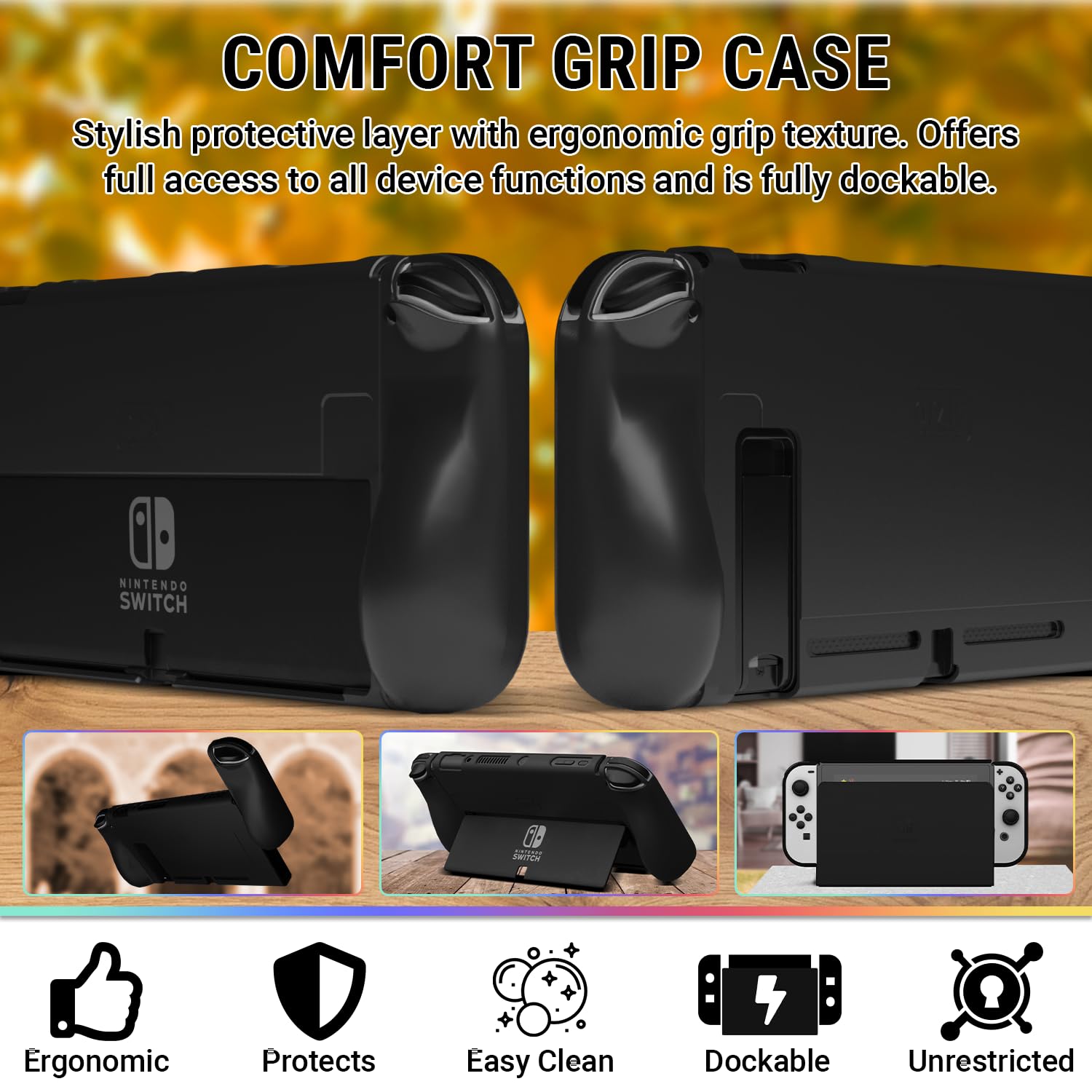Detalle de Orzly Geek Pack Accessory Bundle Kit for Nintendo Switch (Jet Black) with Case, Screen Protectors, Joy-Con Grips, Wheels & Charge Station