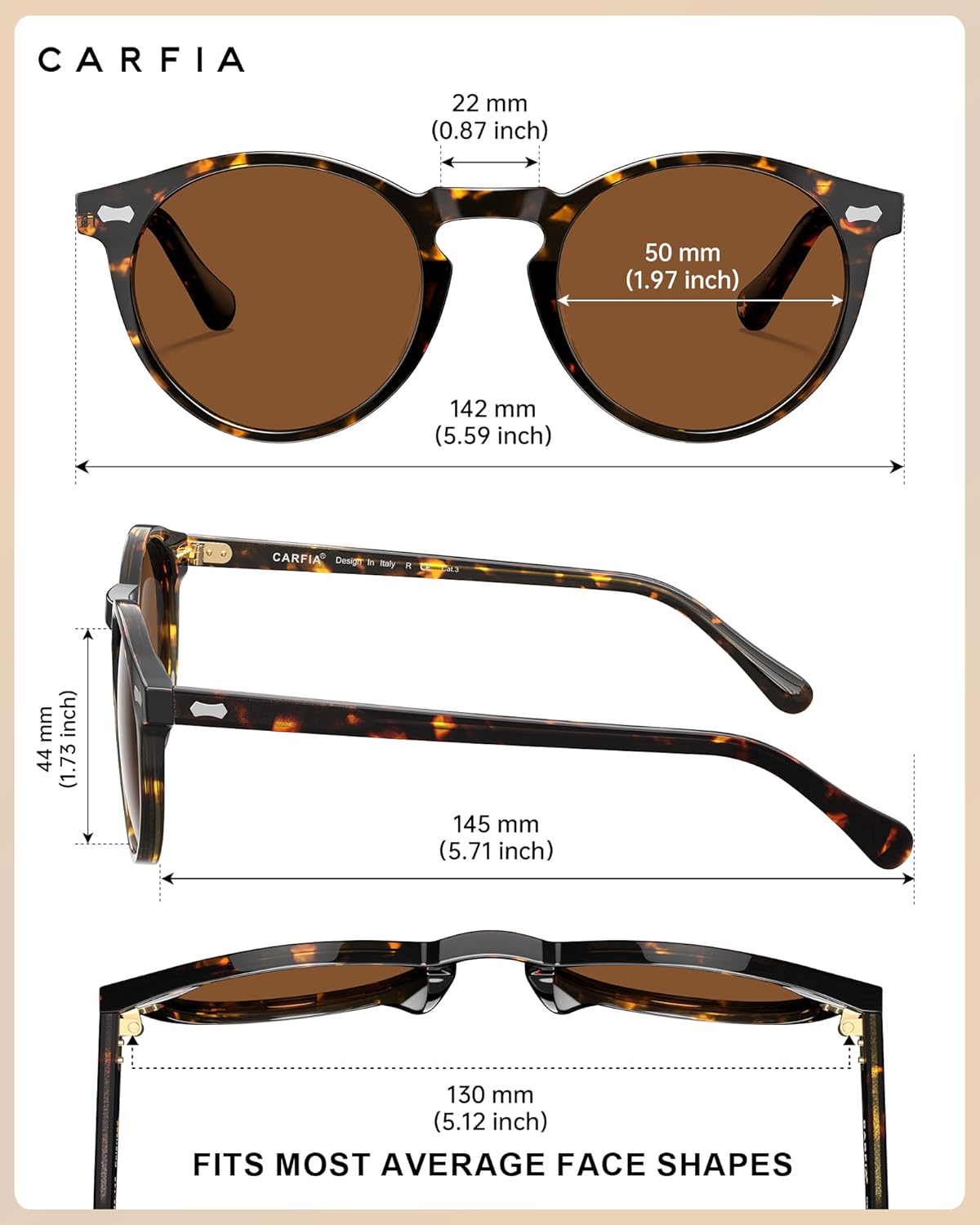 Detalle de CARFIA Men’s Round Polarised Vintage Sunglasses with UV400 Protection (for driving & travel)