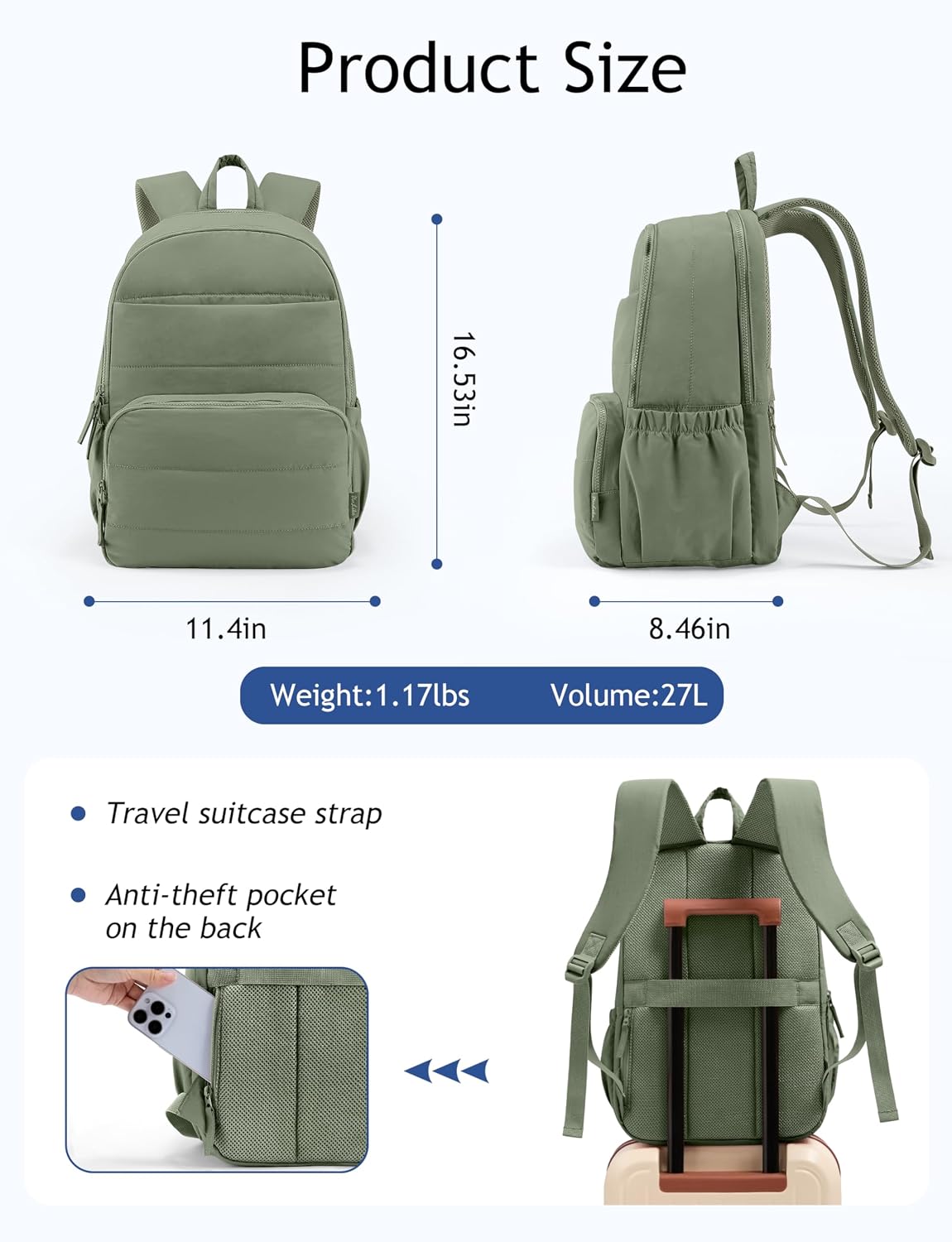Detalle de Uselike Travel Backpack for Women: 15.6" Laptop, Quilted, Sage Green