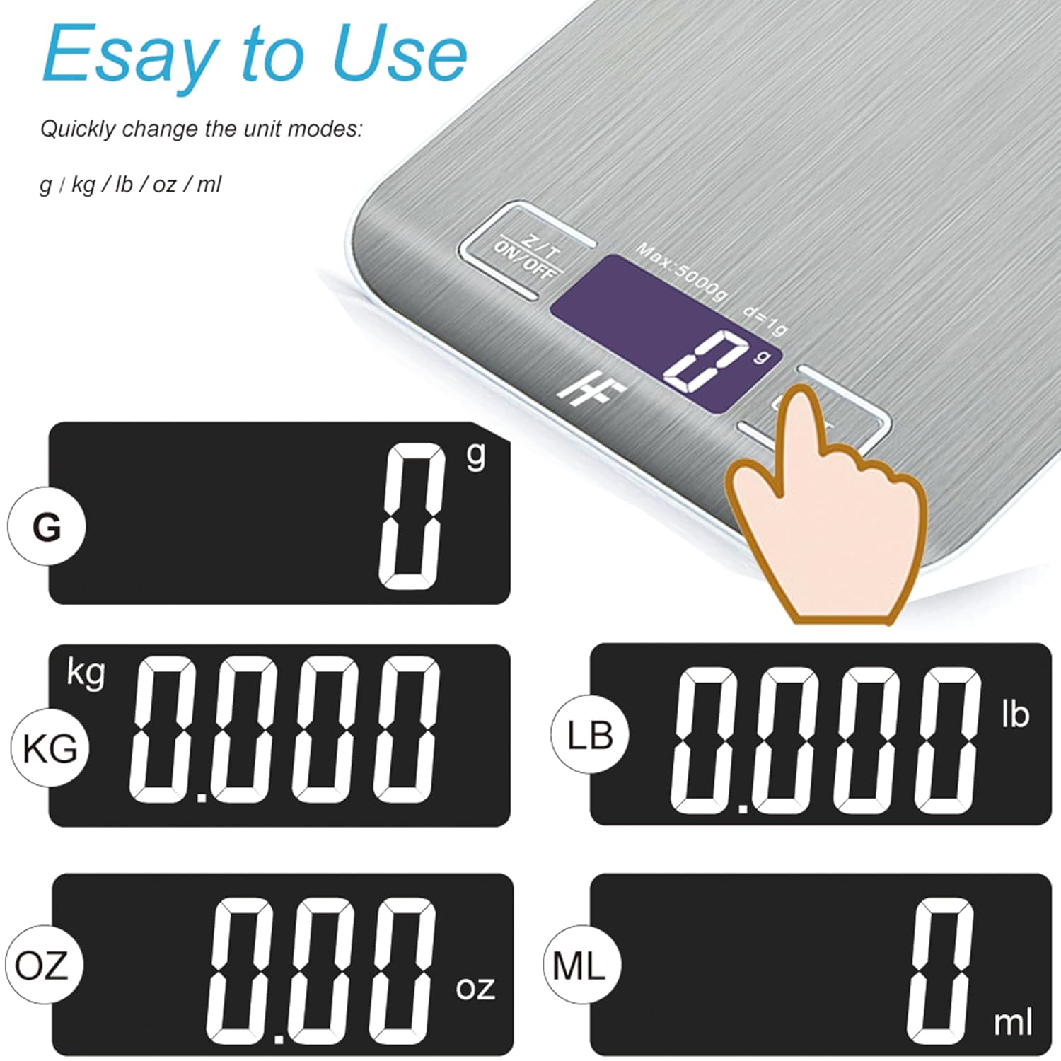 Detalle de HomeFashion Digital Kitchen Scales, 5kg Capacity, 1g Precision, Stainless Steel