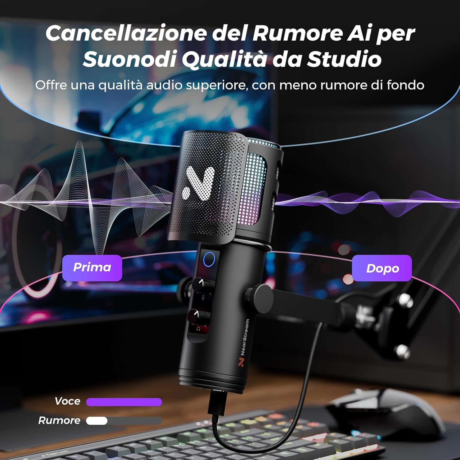 Detalle de NearStream Microfono da gioco per PC: USB con cancellazione del rumore, RGB e braccio a ghigliottina