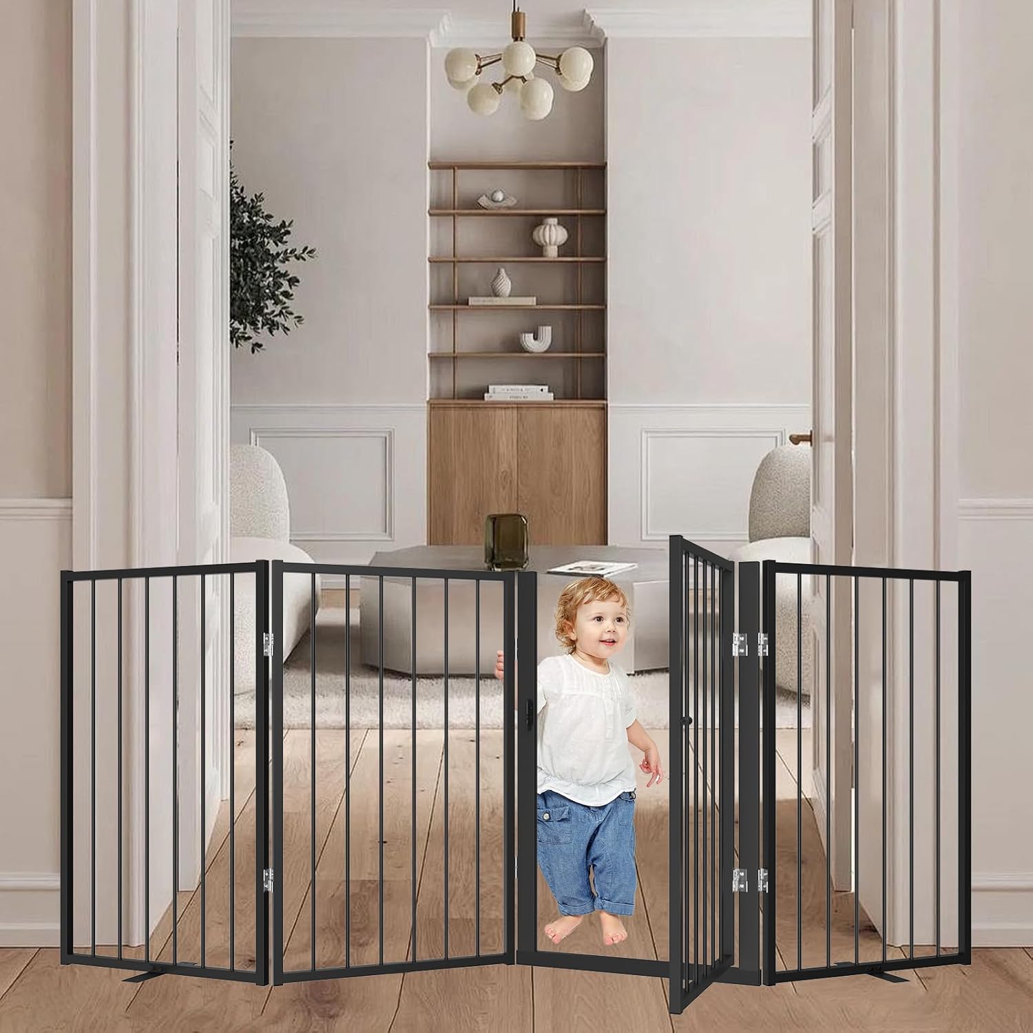 Detalle 2 de Xifamniy Free Standing Dog Gate with Door Walk Through (32" × 81", 4 Panels)