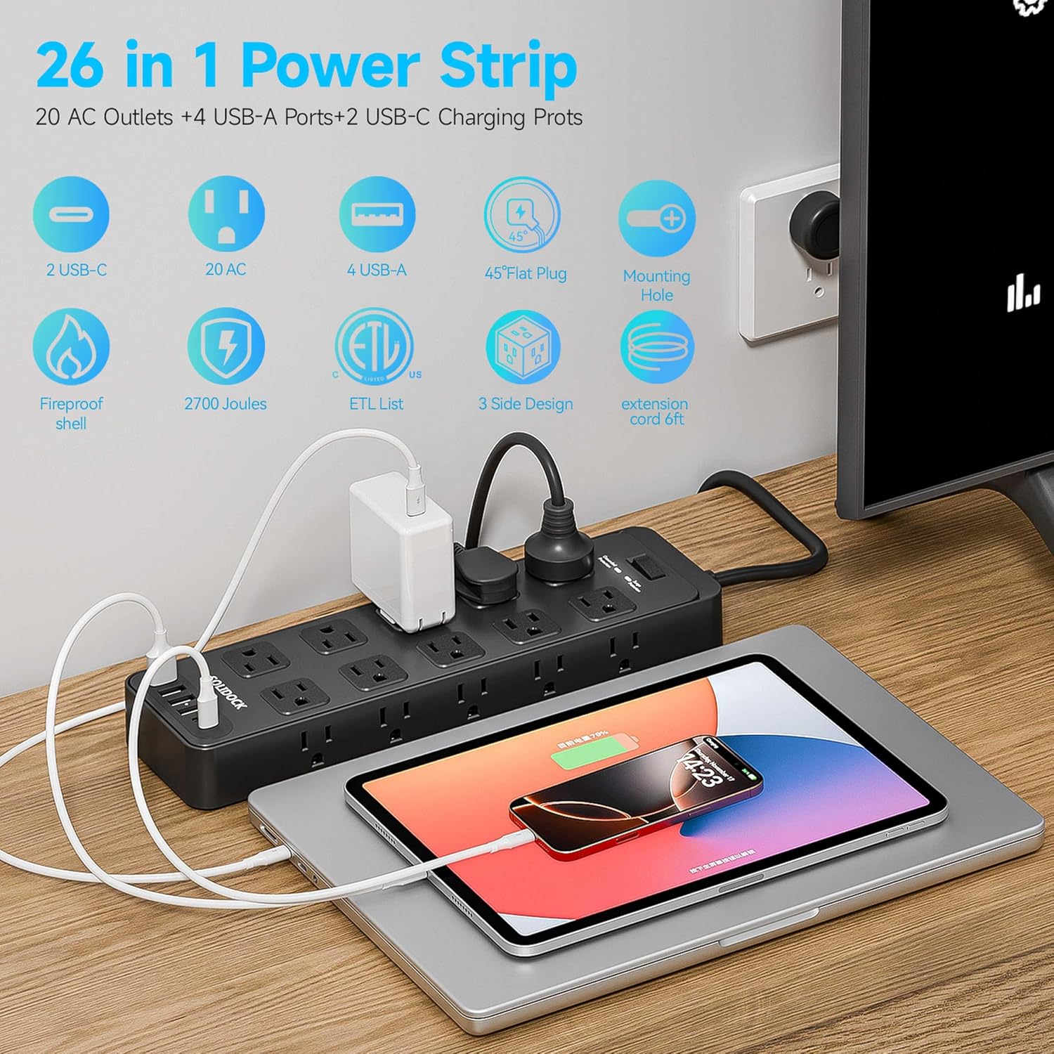 Detalle de Solidock 20-Outlet Power Strip with USB-C (6-ft Extension Cord) and 2700-Joule Surge Protection