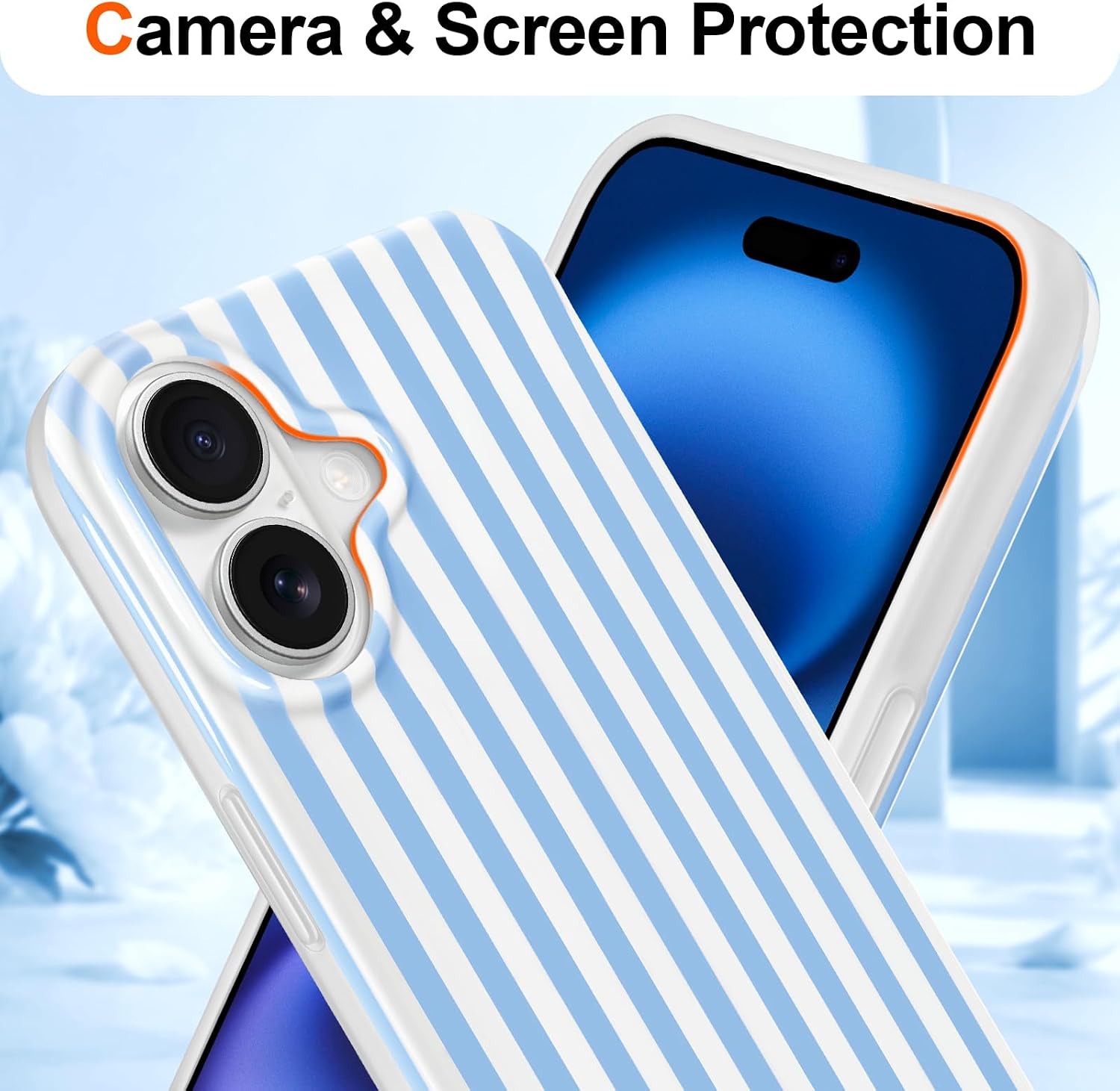 Detalle de Hython iPhone 16 Case, Light Blue and White Stripes, Slim TPU