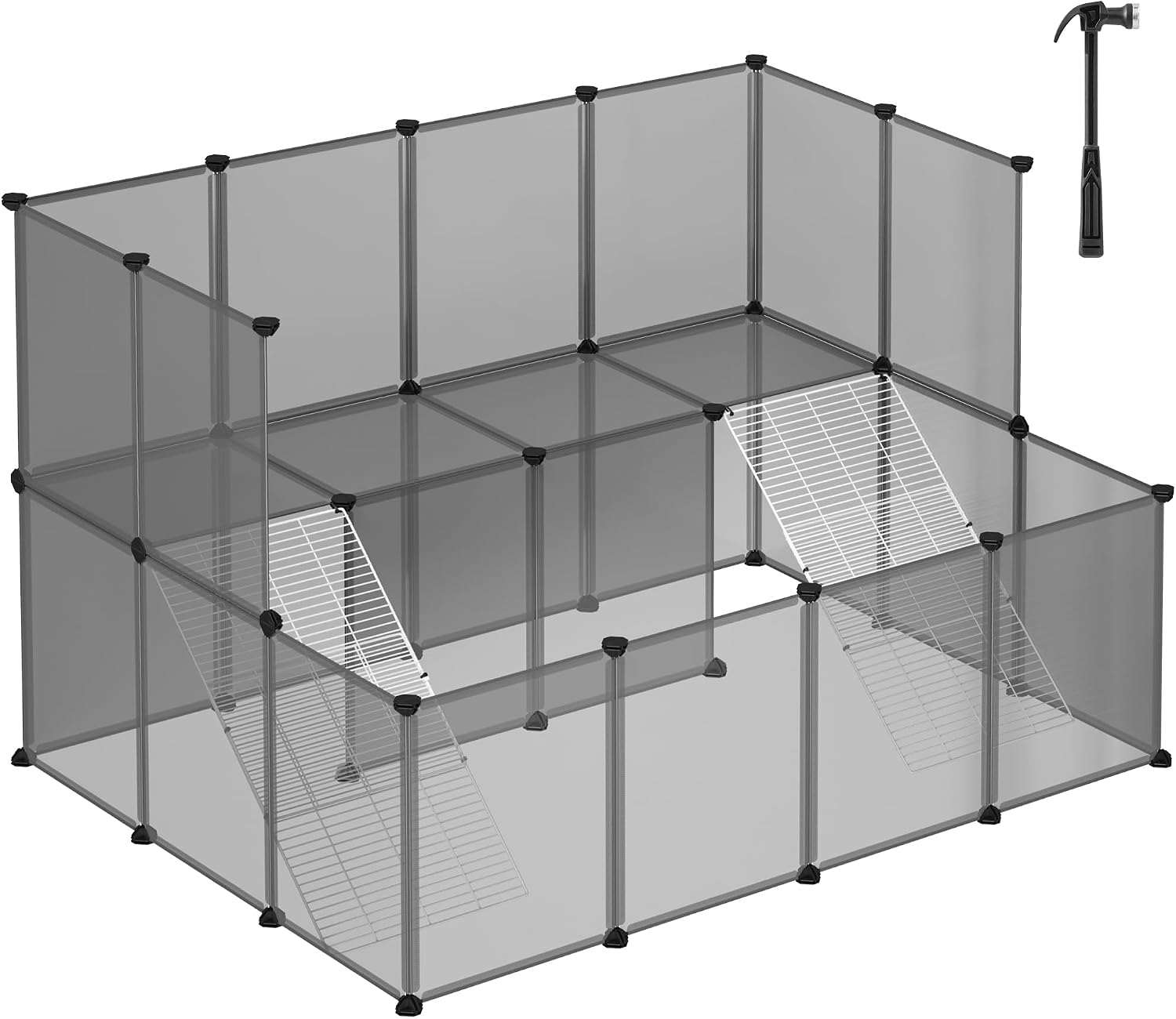 SONGMICS Freigehege für Kaninchen – Modulares Laufgehege mit Balkon, Treppe und Terrasse (143 × 108 × 93 cm)