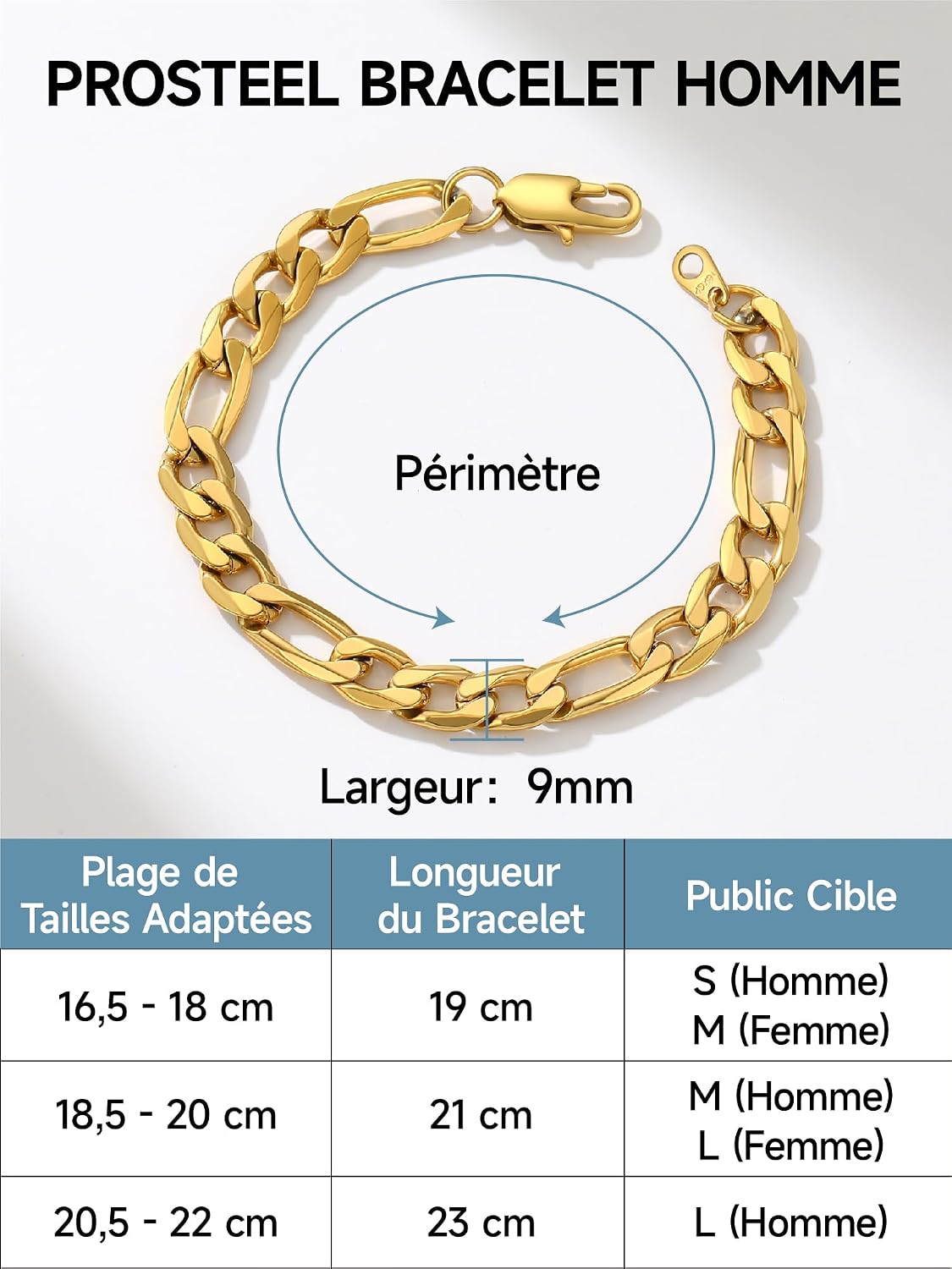 Detalle 2 de PROSTEEL Gourmette homme à mailles Figaro 6/9/13 mm en acier inoxydable, plaqué or ou noir – bracelets chaîne (19/21/23 cm)