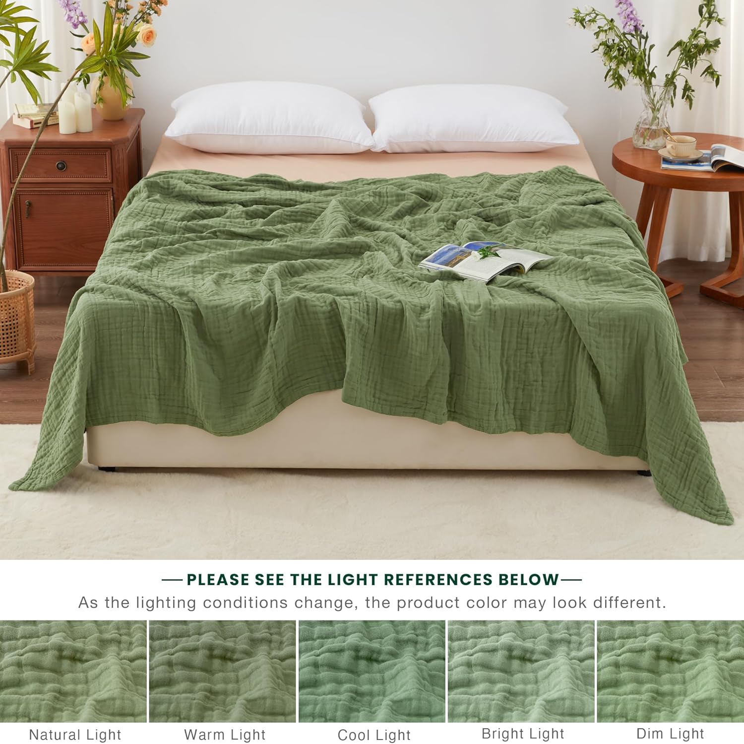 Thumbnail 5 de Love's Cabin 100% Cotton Muslin Blanket (6-Layer) – King Size, Sage Green, Lightweight Gauze